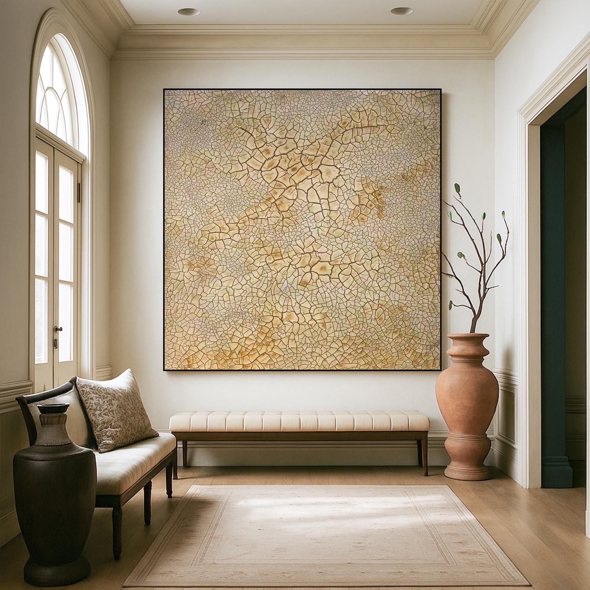 Textured Crackle Abstract Painting on Canvas, Beige Natural Wall Art with Organic Pattern, Minimalist Earth Tone Hand Painted Artwork