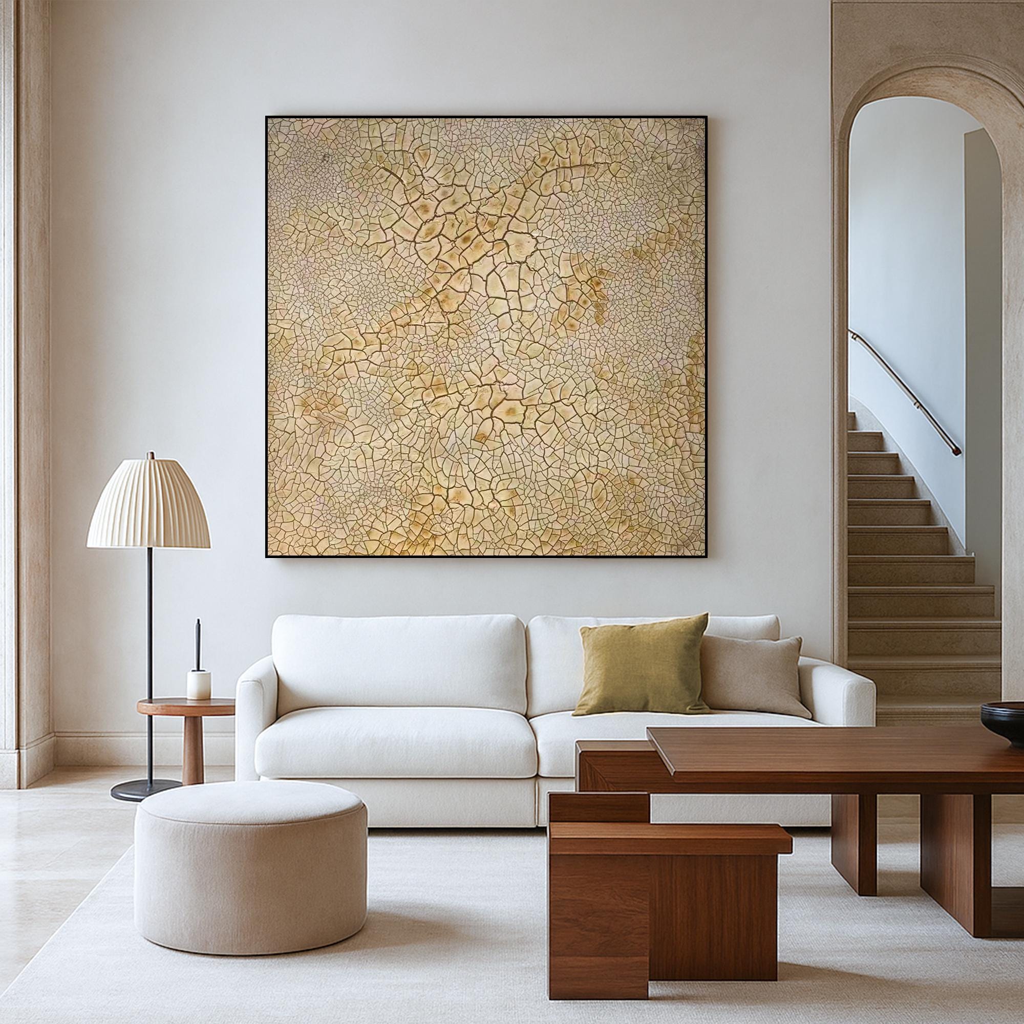 Textured Crackle Abstract Painting on Canvas, Beige Natural Wall Art with Organic Pattern, Minimalist Earth Tone Hand Painted Artwork