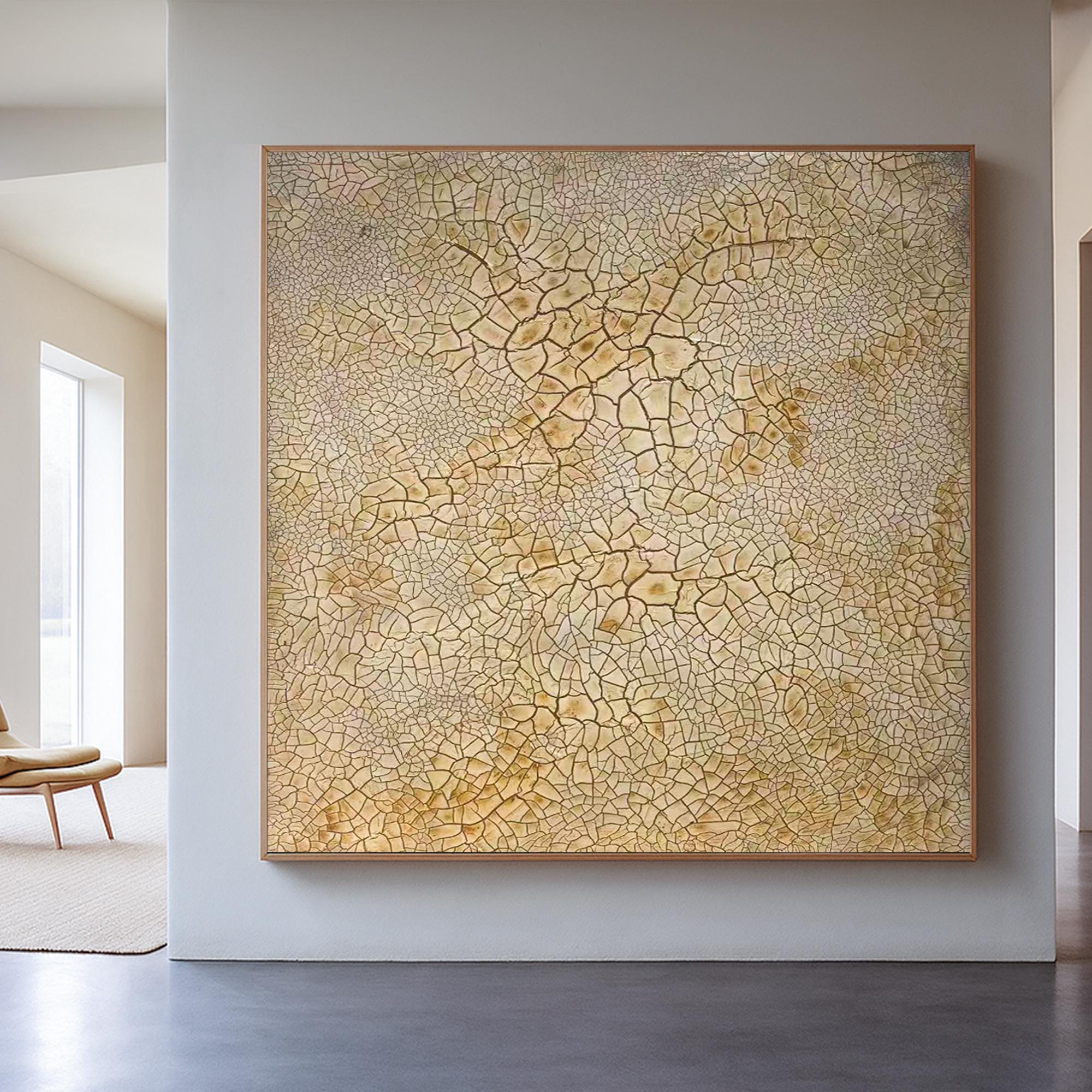 Textured Crackle Abstract Painting on Canvas, Beige Natural Wall Art with Organic Pattern, Minimalist Earth Tone Hand Painted Artwork