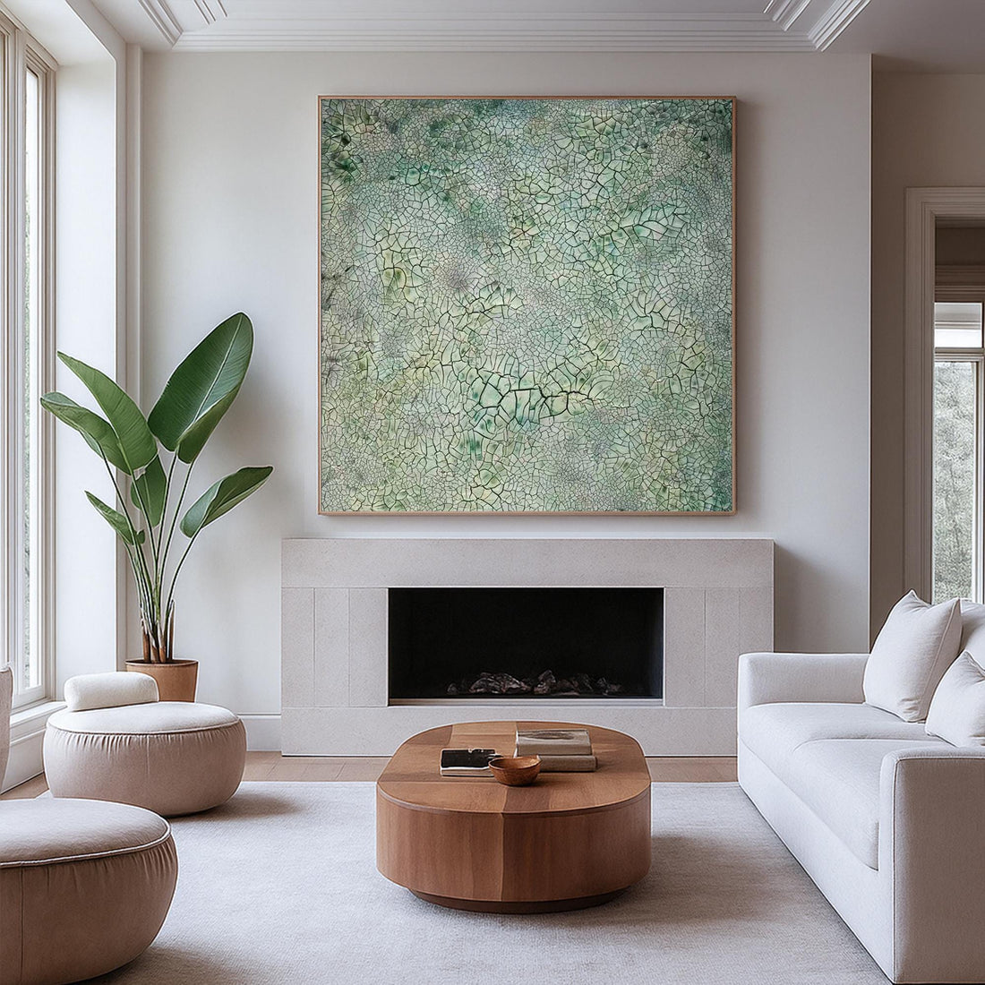 The image is a square canvas with a textured, cracked surface in shades of green and gray.