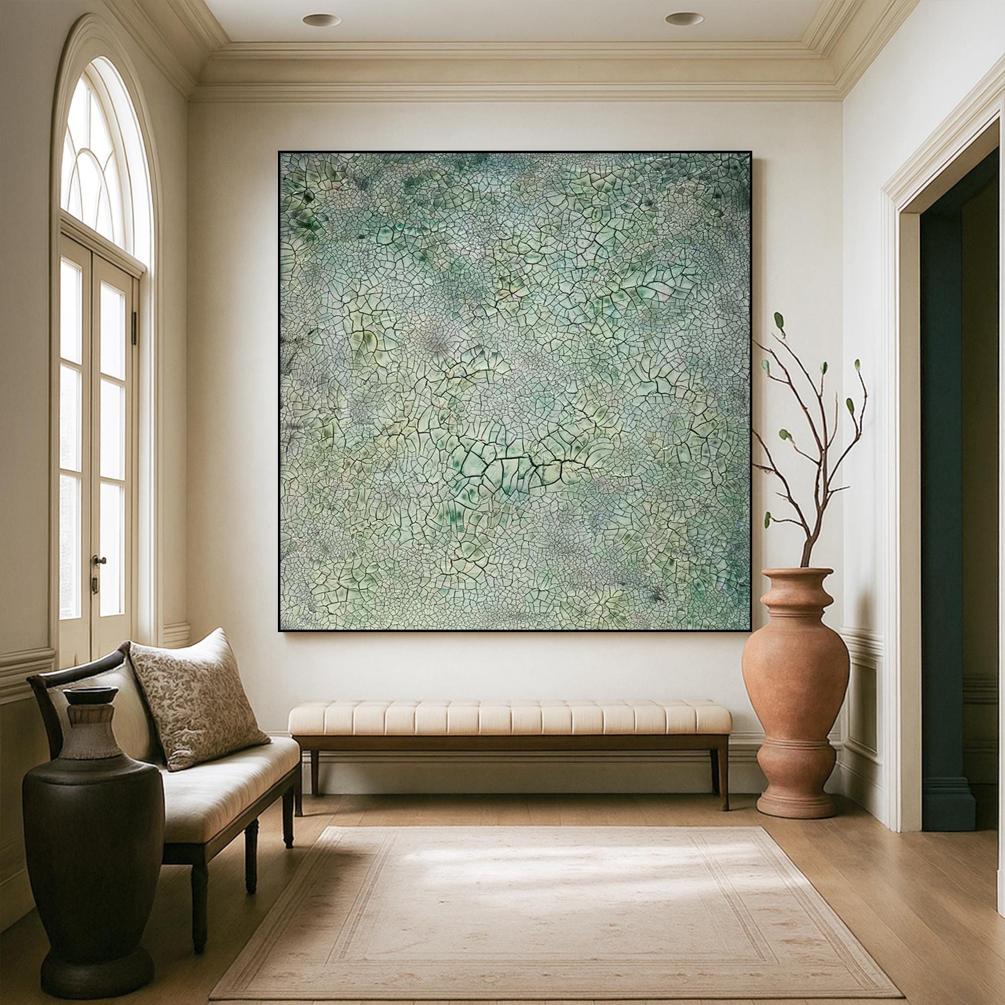 Green Crackle Abstract Texture Painting on Canvas, Organic Nature Inspired Wall Art, Modern Hand Painted Minimalist Earth Tones Artwork