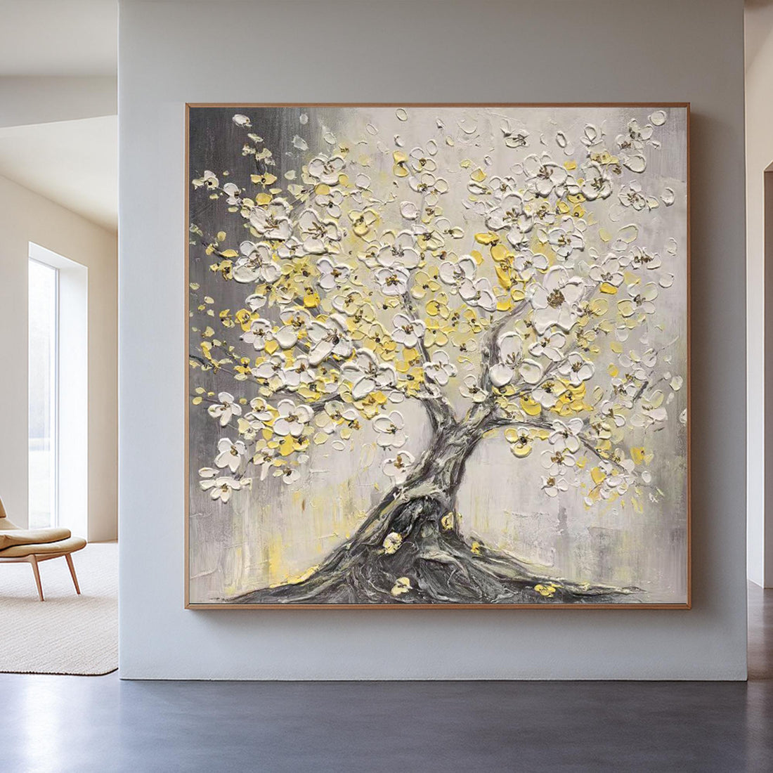 The image is a painting of a tree with white flowers, depicted in a realistic style.