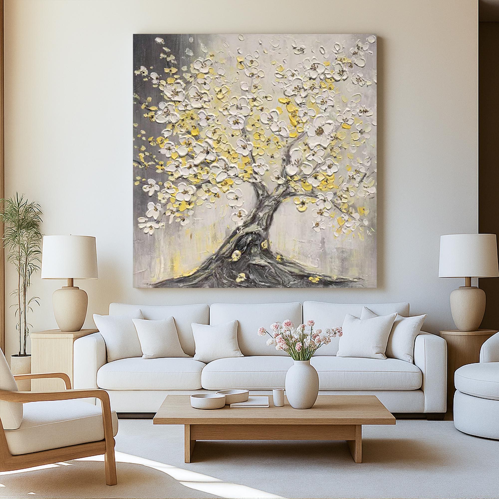 Textured Blooming Tree Oil Painting on Canvas, Yellow White Floral Wall Art, Modern Impasto Cherry Blossom Artwork, Large Spring Decor