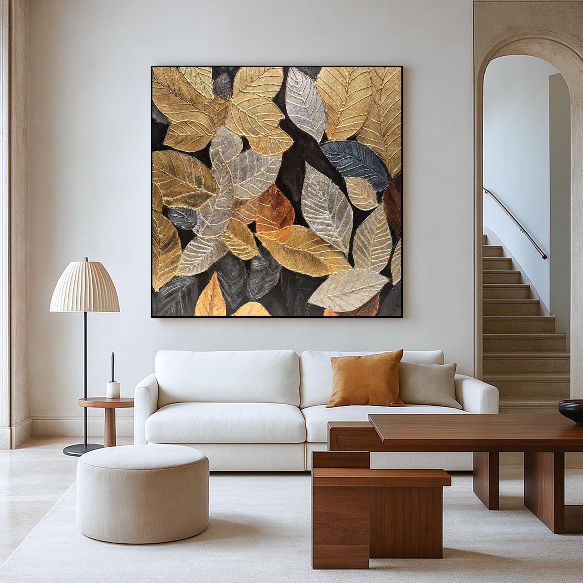 Gold Leaf Textured Wall Art on Canvas, Metallic Botanical Oil Painting, Hand Painted Autumn Leaves Artwork, Modern Nature Home Decor