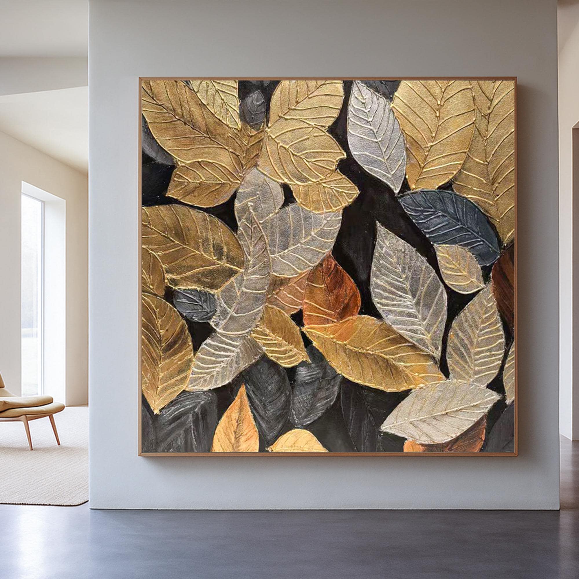Gold Leaf Textured Wall Art on Canvas, Metallic Botanical Oil Painting, Hand Painted Autumn Leaves Artwork, Modern Nature Home Decor