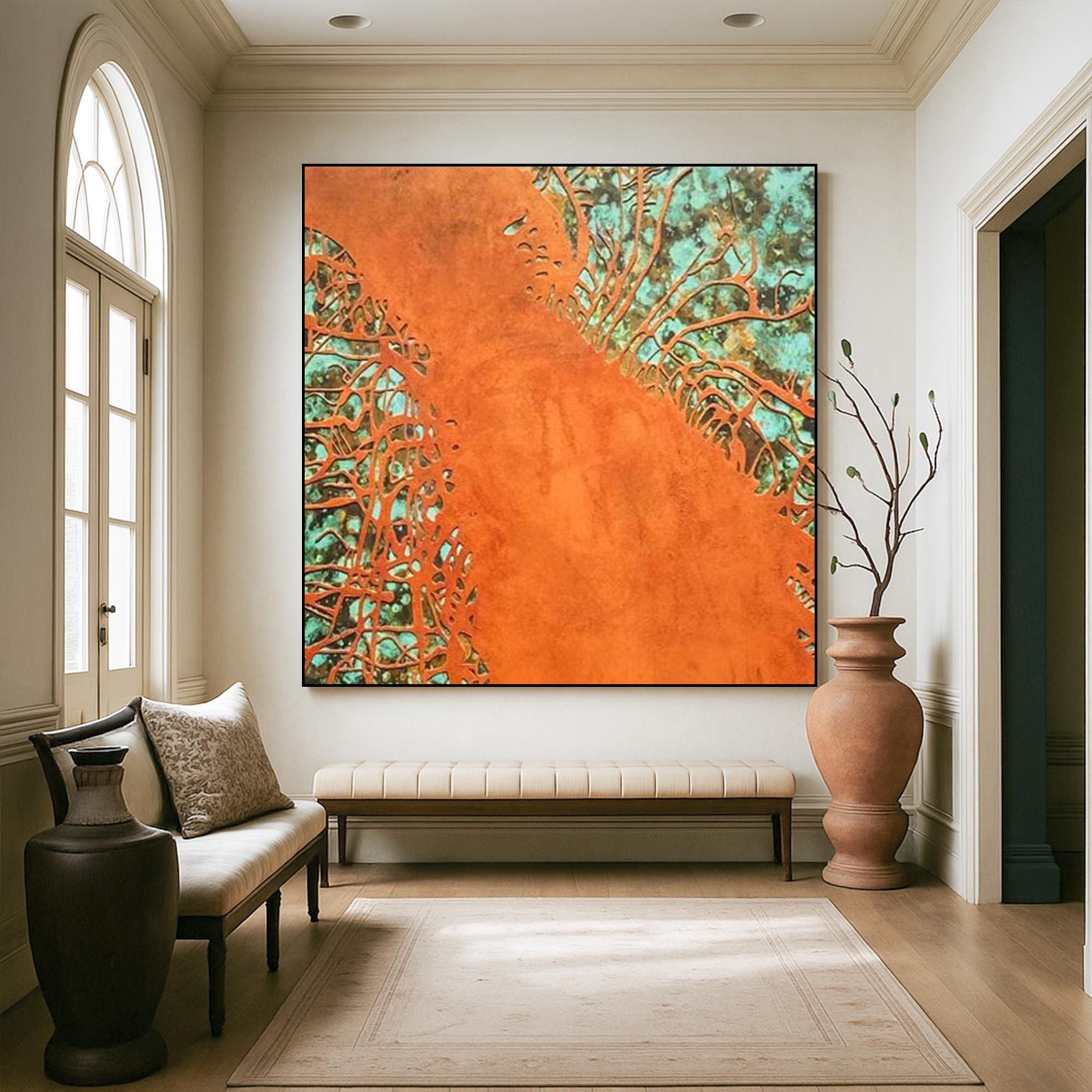Large Abstract Orange Teal Wall Art on Canvas, Original Textured Hand Painted Acrylic Painting, Modern Bold Color Statement Artwork for Home