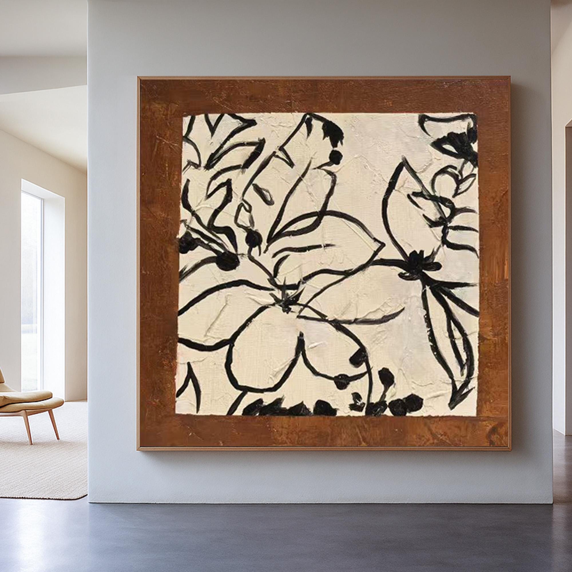 Black Floral Line Art on Textured Canvas, Neutral Botanical Wall Decor, Original Handmade Abstract Ink Flower Painting for Modern Home