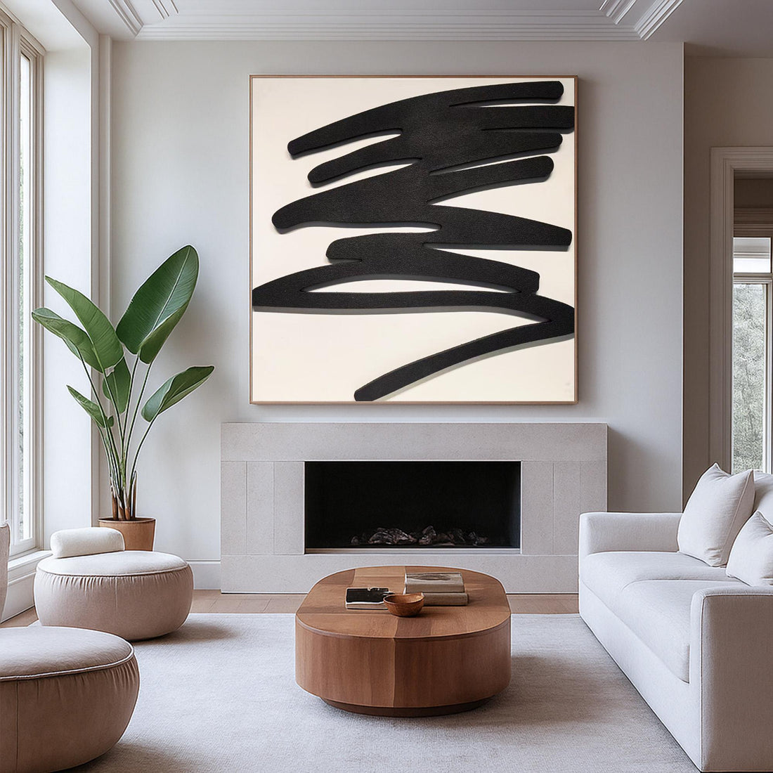 The image is a black and white abstract artwork consisting of various shapes and lines, including curved, jagged, and intersecting forms.