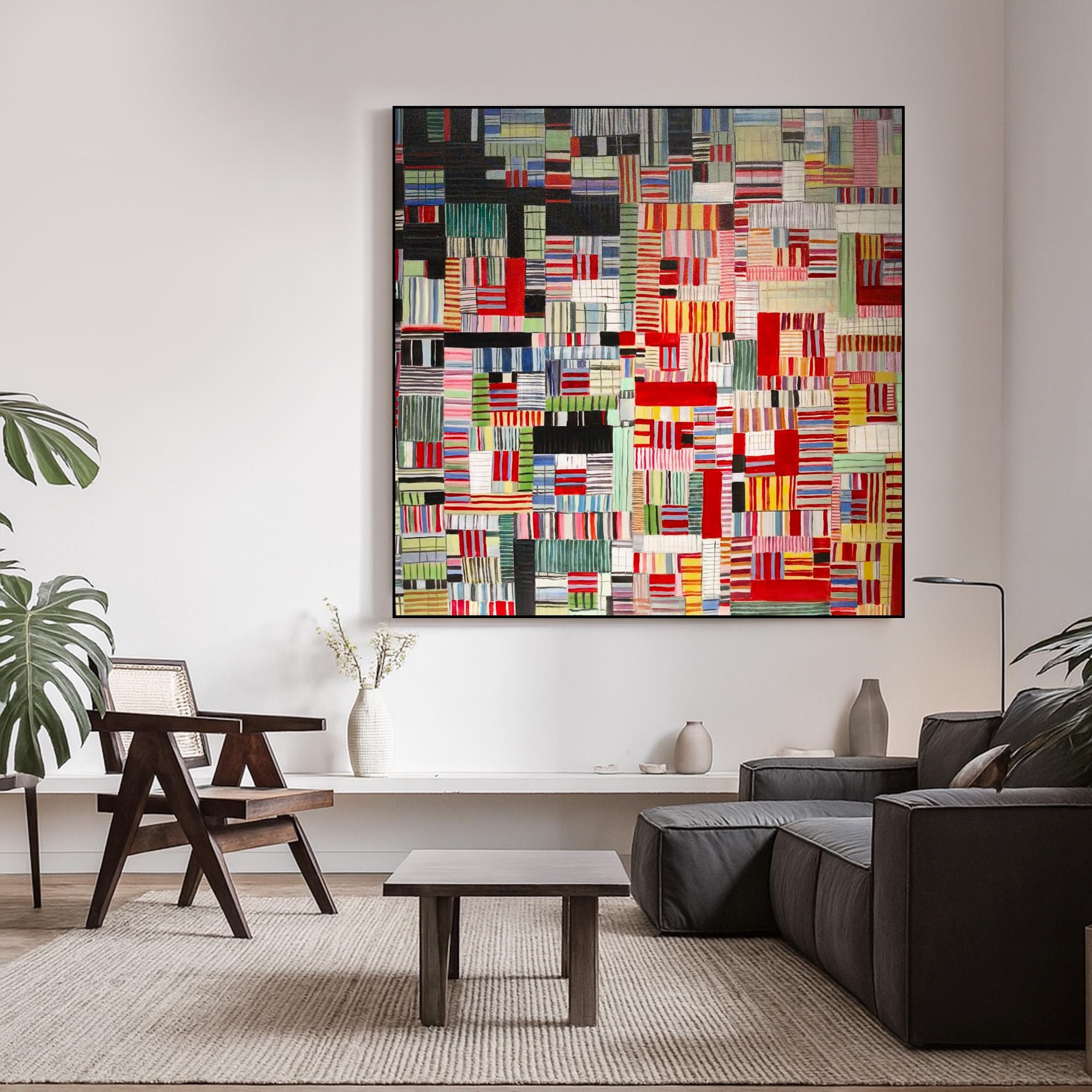 Colorful Geometric Abstract Wall Art | Hand Painted Patchwork Canvas for Eclectic Modern Living Room | Bold Striped Acrylic Painting