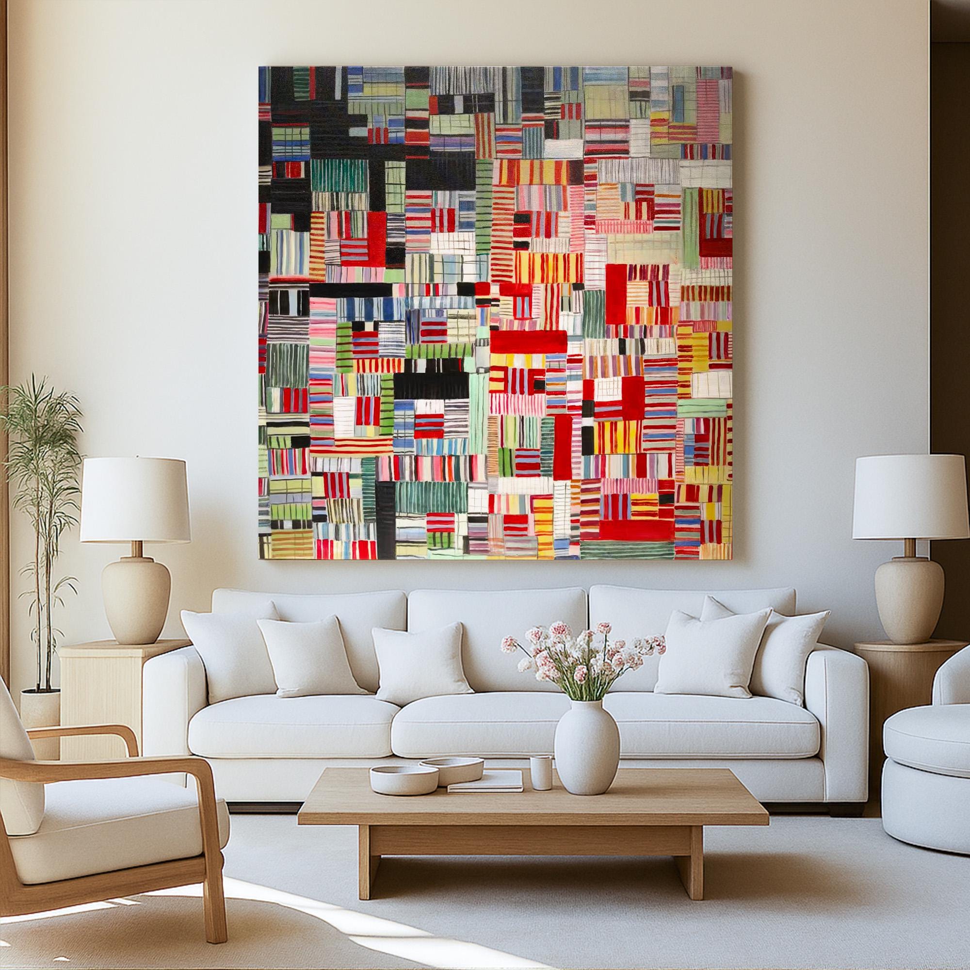 Colorful Geometric Abstract Wall Art | Hand Painted Patchwork Canvas for Eclectic Modern Living Room | Bold Striped Acrylic Painting