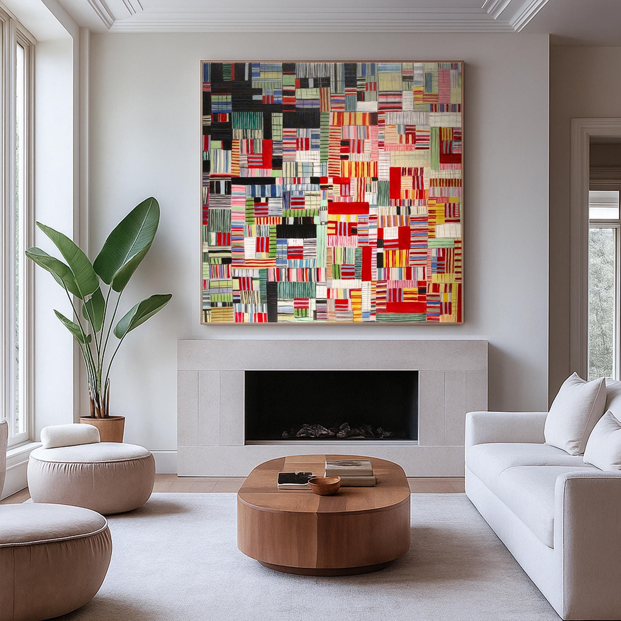 Colorful Geometric Abstract Wall Art | Hand Painted Patchwork Canvas for Eclectic Modern Living Room | Bold Striped Acrylic Painting