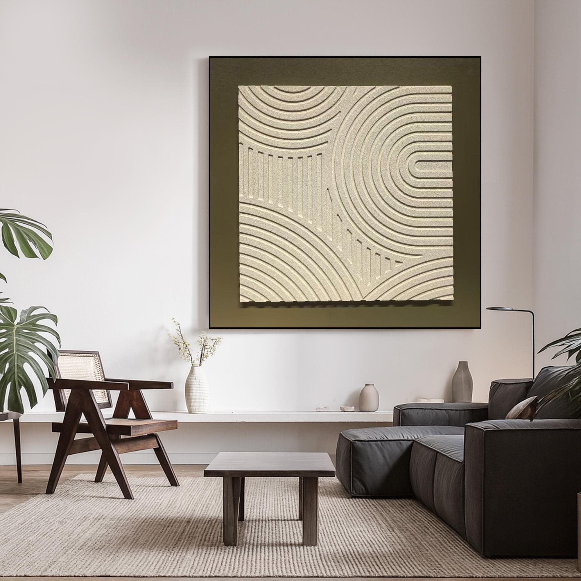Minimalist Textured Wall Art Canvas | Modern Neutral Sand Pattern Painting | Handcrafted Geometric Line Art for Zen Home Decor