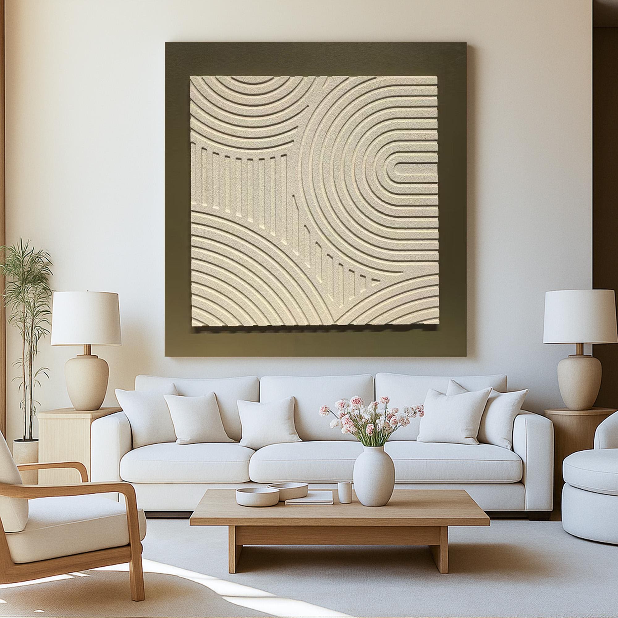 Minimalist Textured Wall Art Canvas | Modern Neutral Sand Pattern Painting | Handcrafted Geometric Line Art for Zen Home Decor