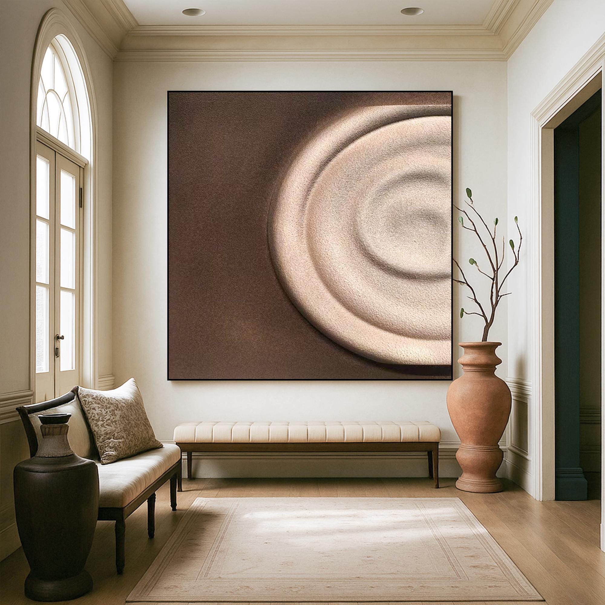Minimalist Textured Oil Painting on Canvas, Abstract Neutral Circle Wall Art, Hand Painted Modern Earth Tone Decor for Bedroom or Office