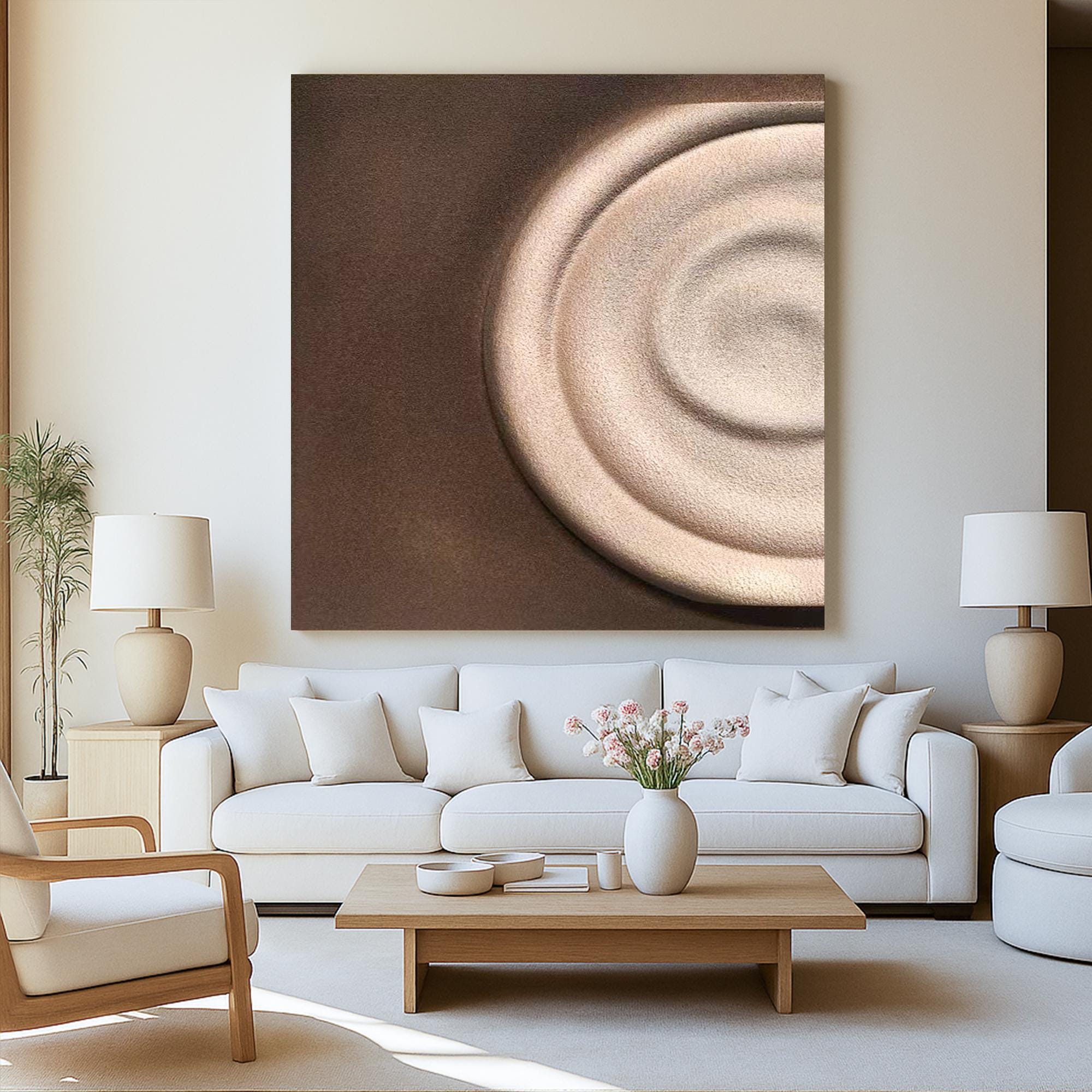 Minimalist Textured Oil Painting on Canvas, Abstract Neutral Circle Wall Art, Hand Painted Modern Earth Tone Decor for Bedroom or Office