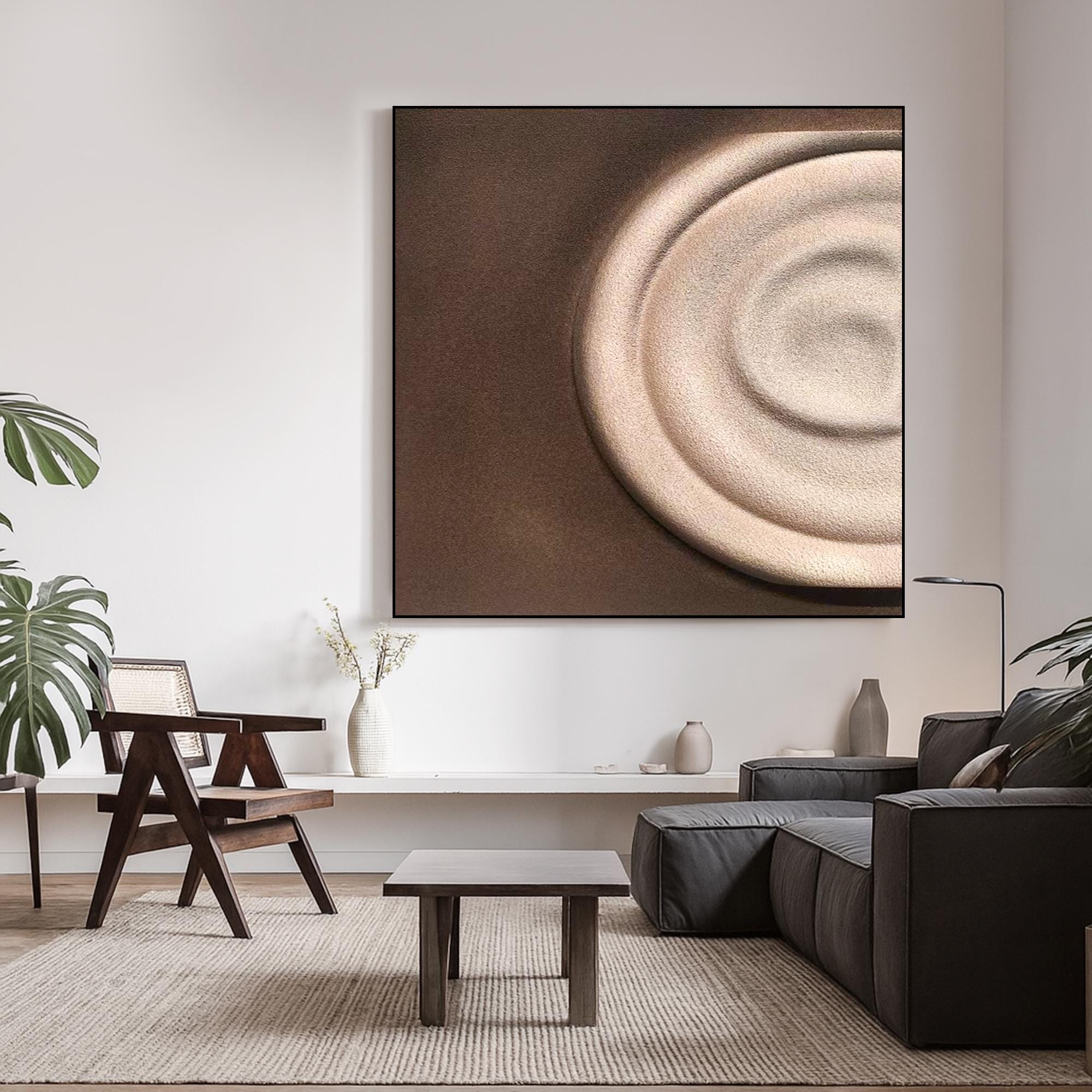 Minimalist Textured Oil Painting on Canvas, Abstract Neutral Circle Wall Art, Hand Painted Modern Earth Tone Decor for Bedroom or Office