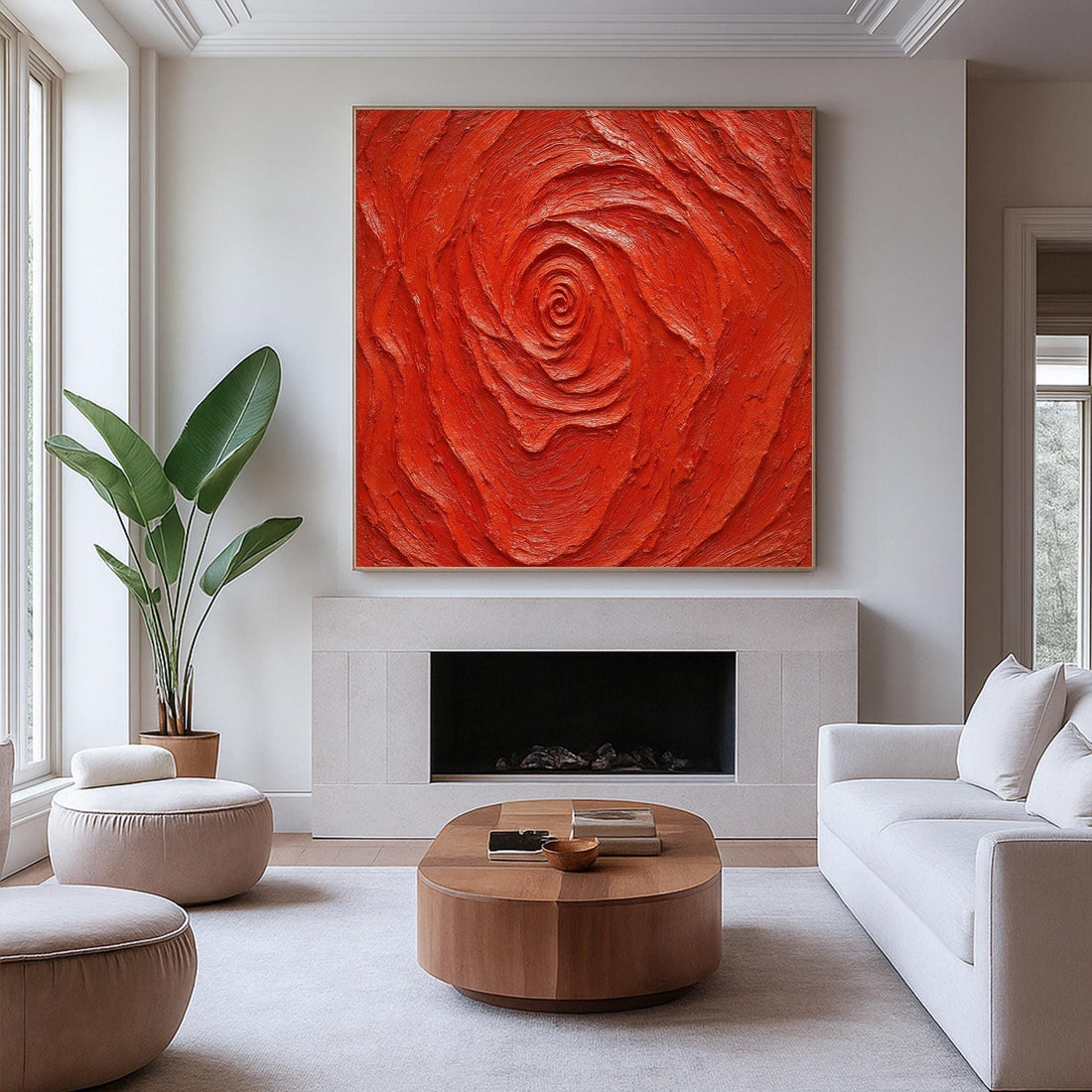 The image is a square painting with a red, textured surface that appears to be a close-up of a rose or flower.