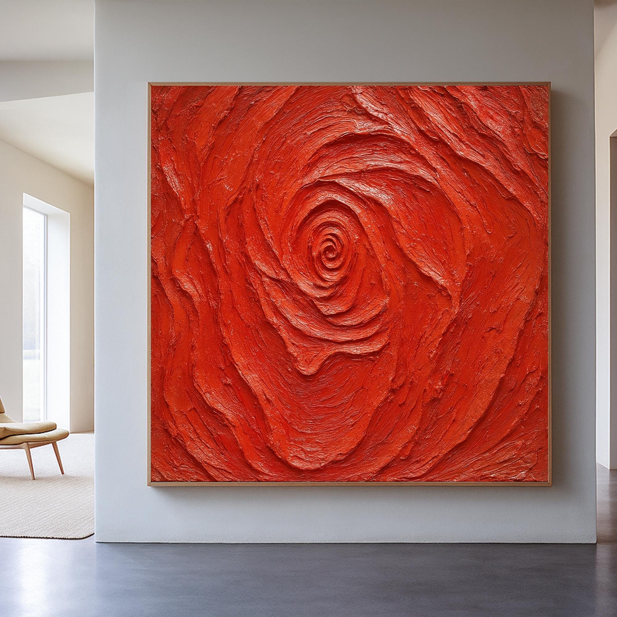 Red Textured Abstract Oil Painting on Canvas, Bold Handcrafted Spiral Wall Art, Modern 3D Expressionist Artwork for Emotional Home Decor