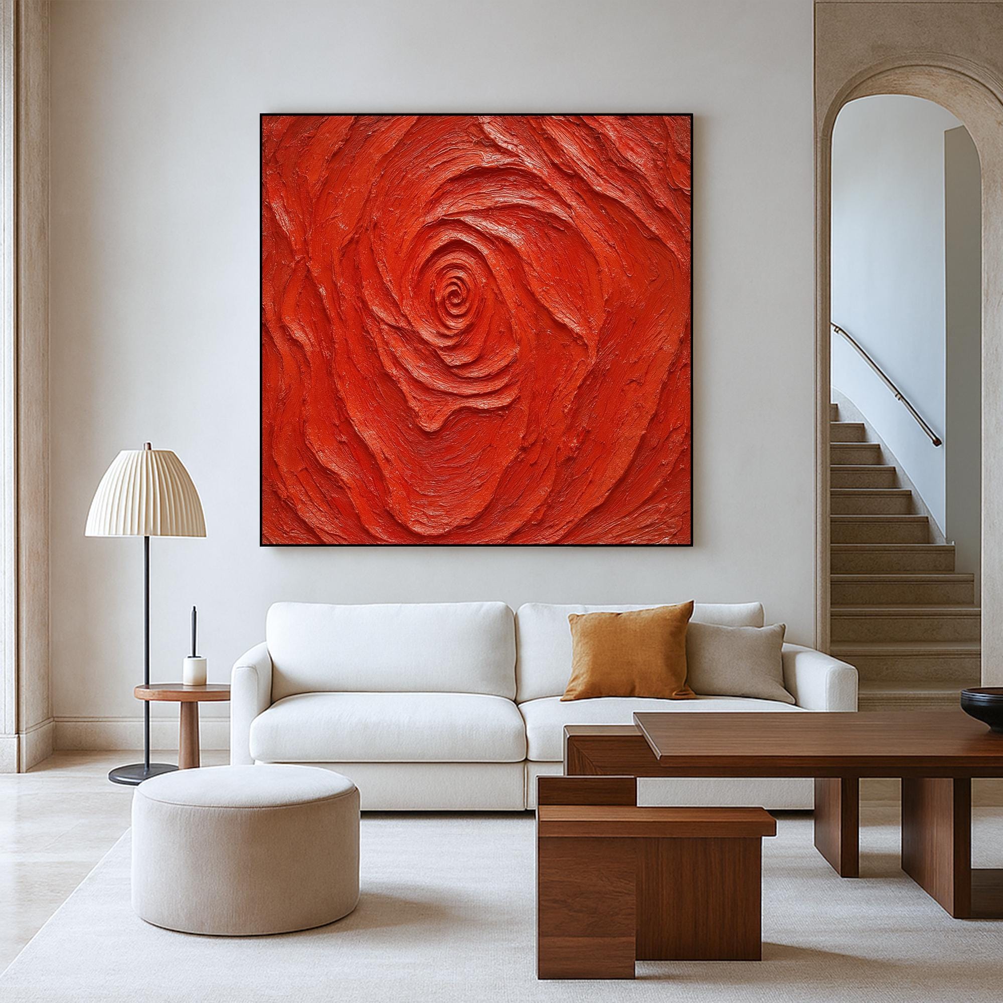Red Textured Abstract Oil Painting on Canvas, Bold Handcrafted Spiral Wall Art, Modern 3D Expressionist Artwork for Emotional Home Decor
