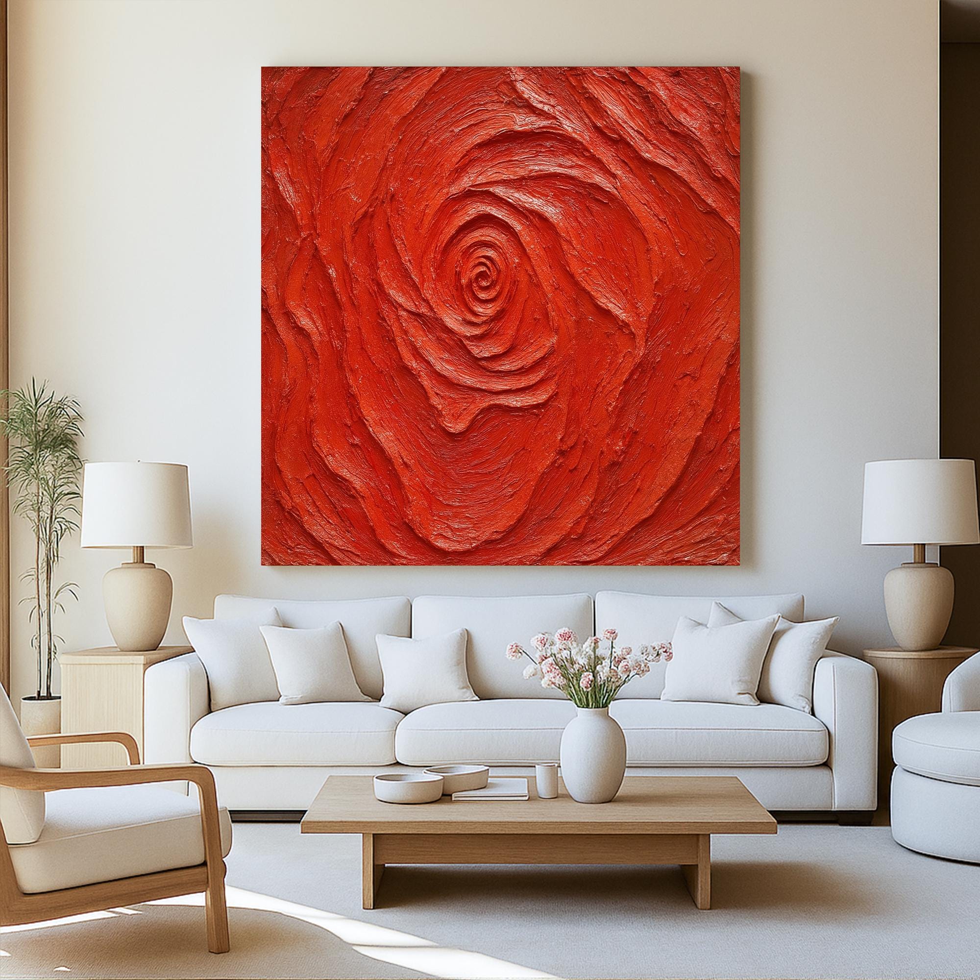 Red Textured Abstract Oil Painting on Canvas, Bold Handcrafted Spiral Wall Art, Modern 3D Expressionist Artwork for Emotional Home Decor