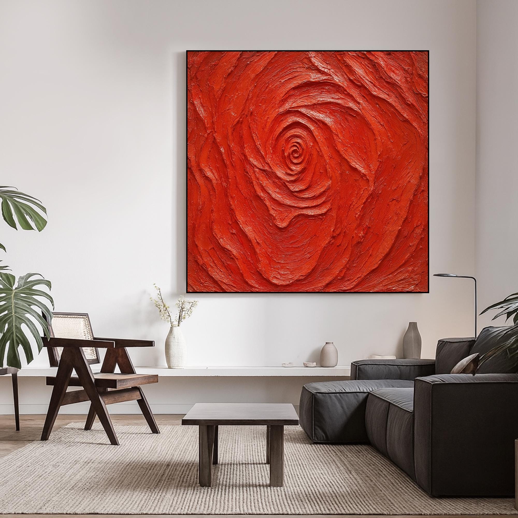 Red Textured Abstract Oil Painting on Canvas, Bold Handcrafted Spiral Wall Art, Modern 3D Expressionist Artwork for Emotional Home Decor