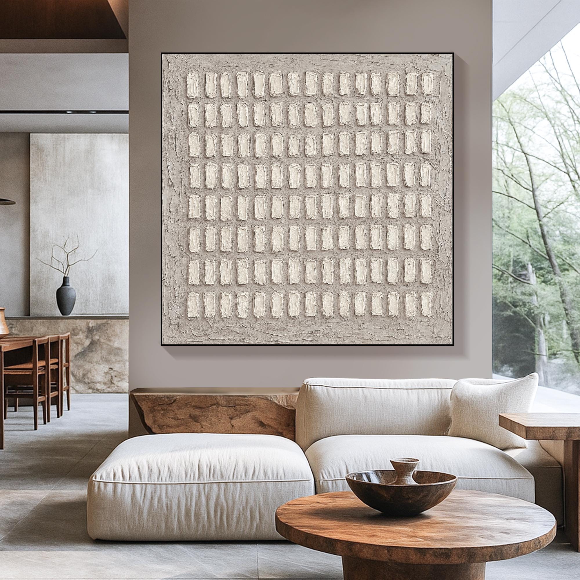 Original Geometric Texture Art on Canvas ¨C Neutral 3D Abstract Relief Painting, Minimalist Beige Grid Wall Decor for Modern Interiors