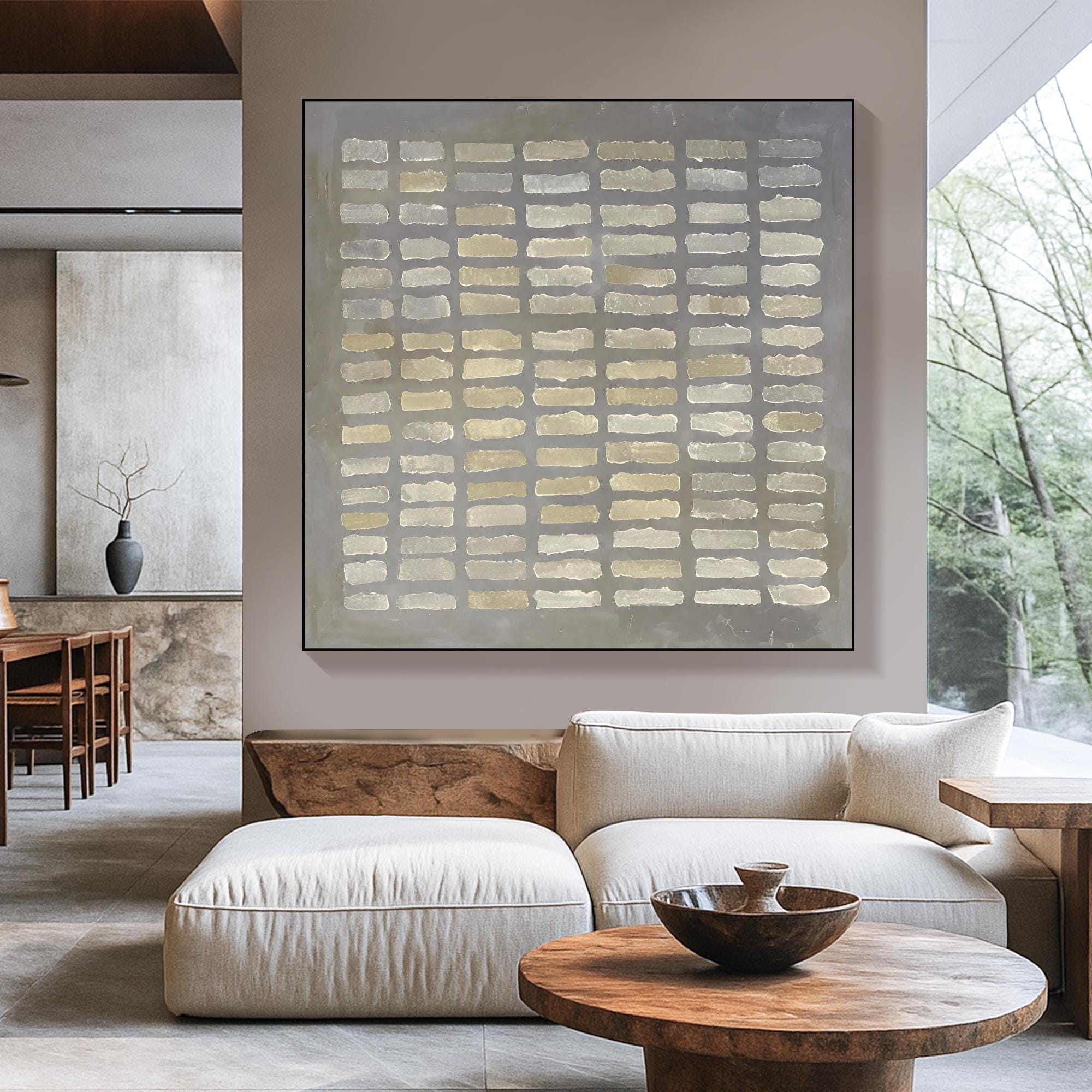 Large Neutral Textured Abstract Wall Art ¨C 3D Geometric Relief Canvas Painting, Minimalist Handmade Modern Art for Living Room Decor