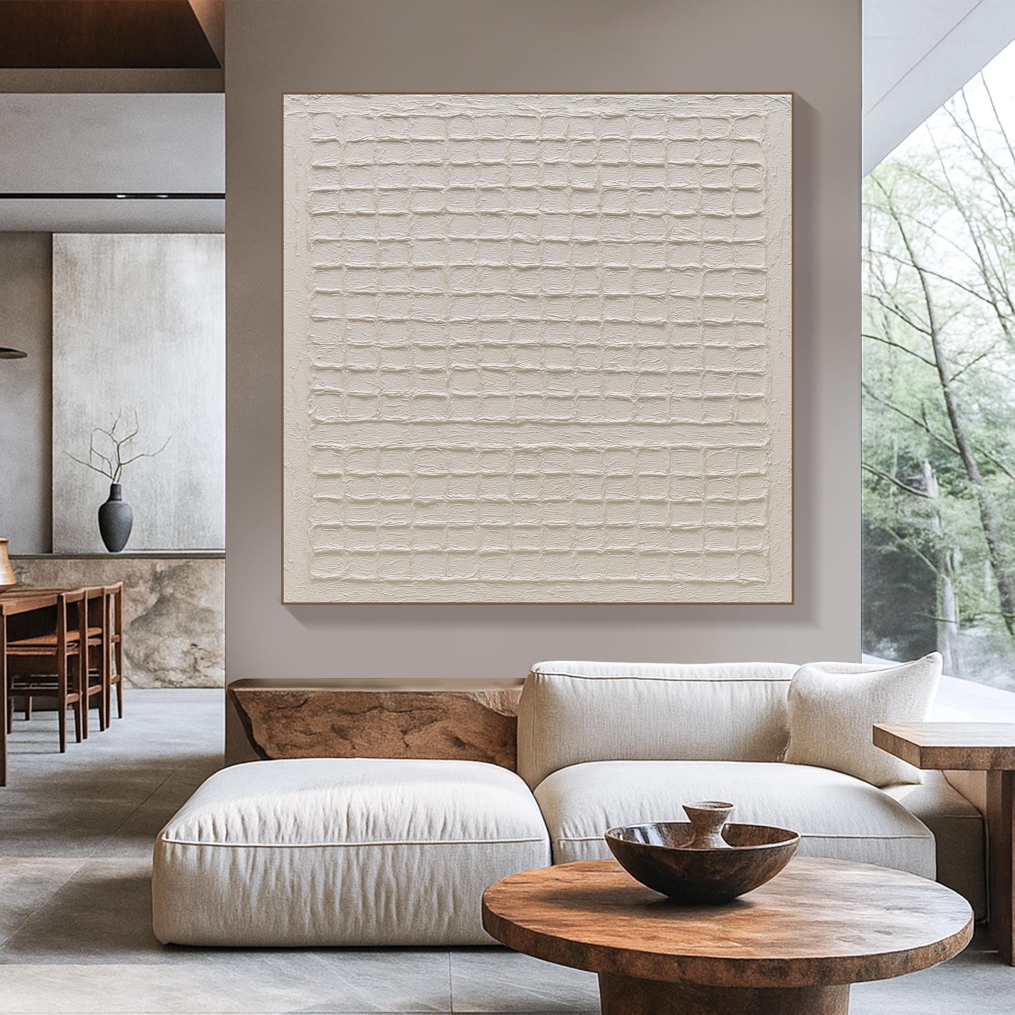 Original Minimalist Grid Texture Painting Neutral Handmade Abstract Canvas Art with Relief,Modern Sculptural Wall Decor for Calm Interiors