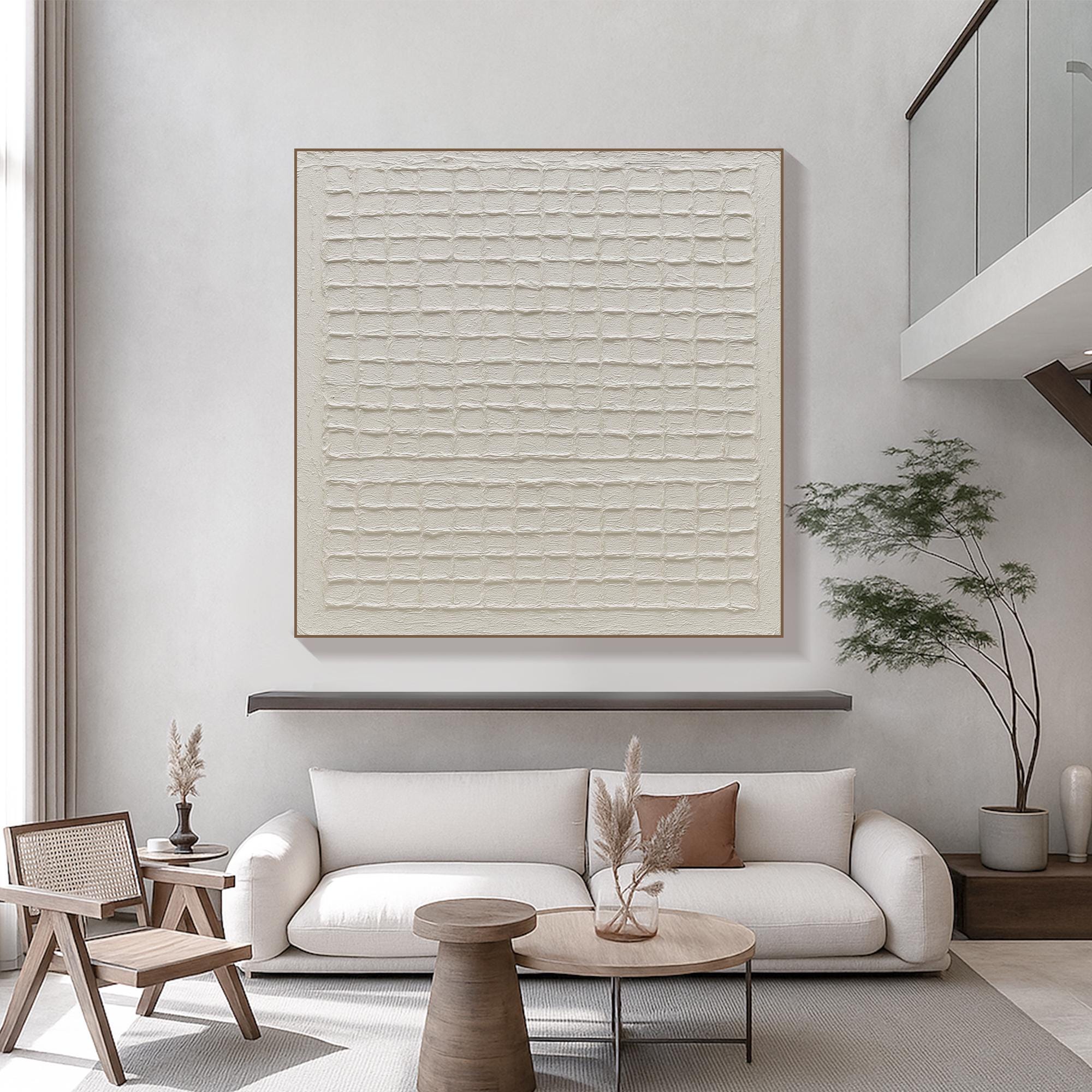 Original Minimalist Grid Texture Painting Neutral Handmade Abstract Canvas Art with Relief,Modern Sculptural Wall Decor for Calm Interiors