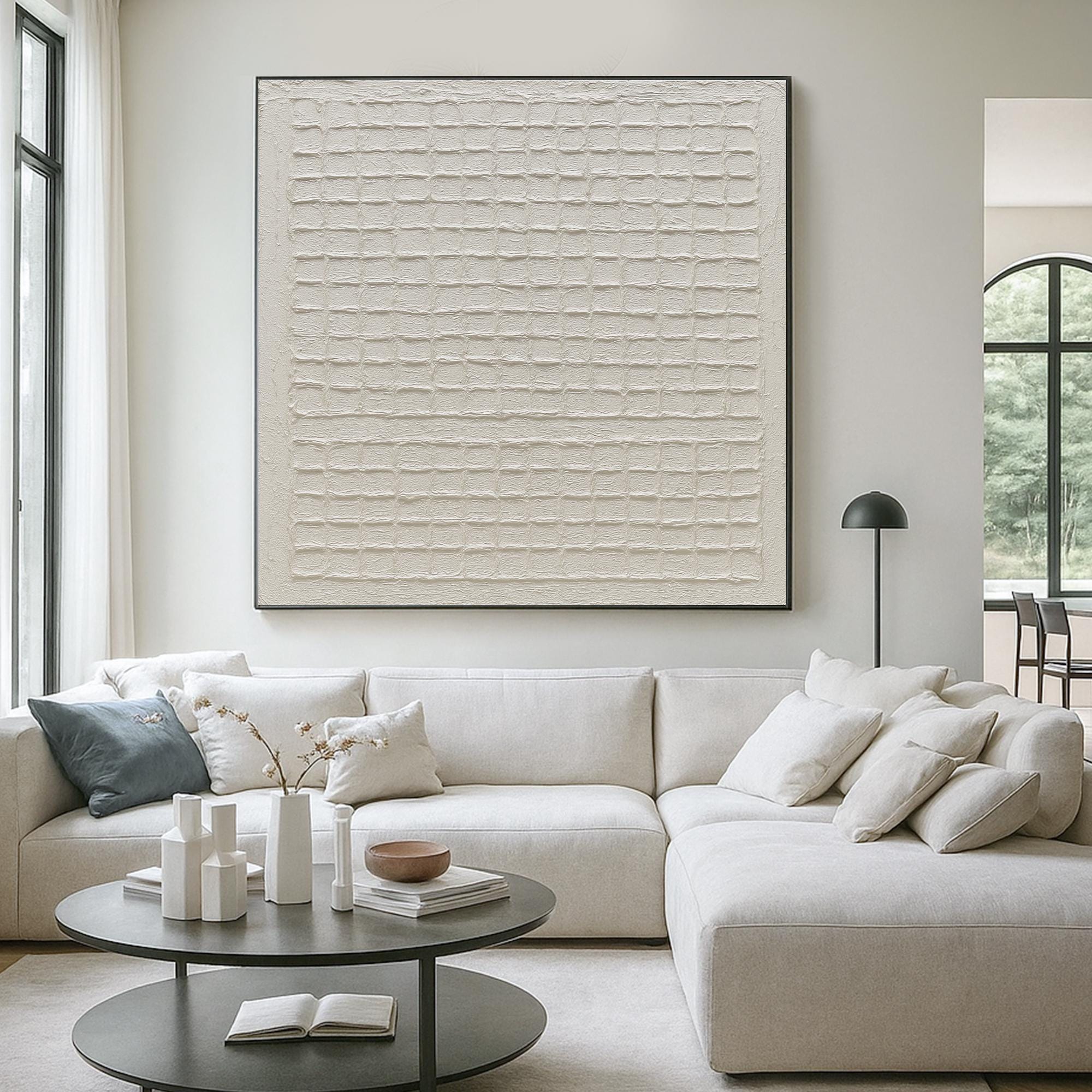 Original Minimalist Grid Texture Painting Neutral Handmade Abstract Canvas Art with Relief,Modern Sculptural Wall Decor for Calm Interiors