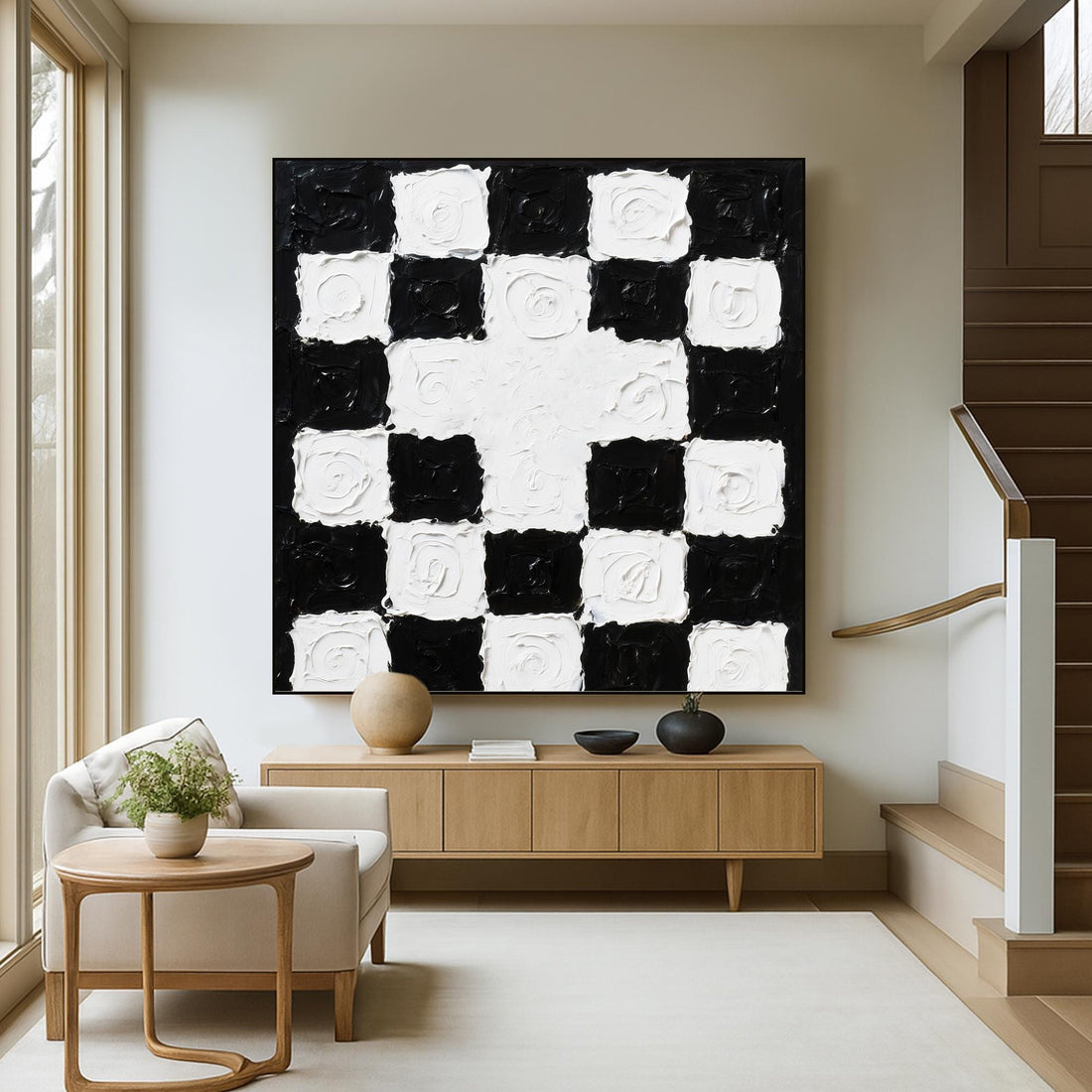 The image is a black and white checkered pattern with a central white square surrounded by smaller black squares.