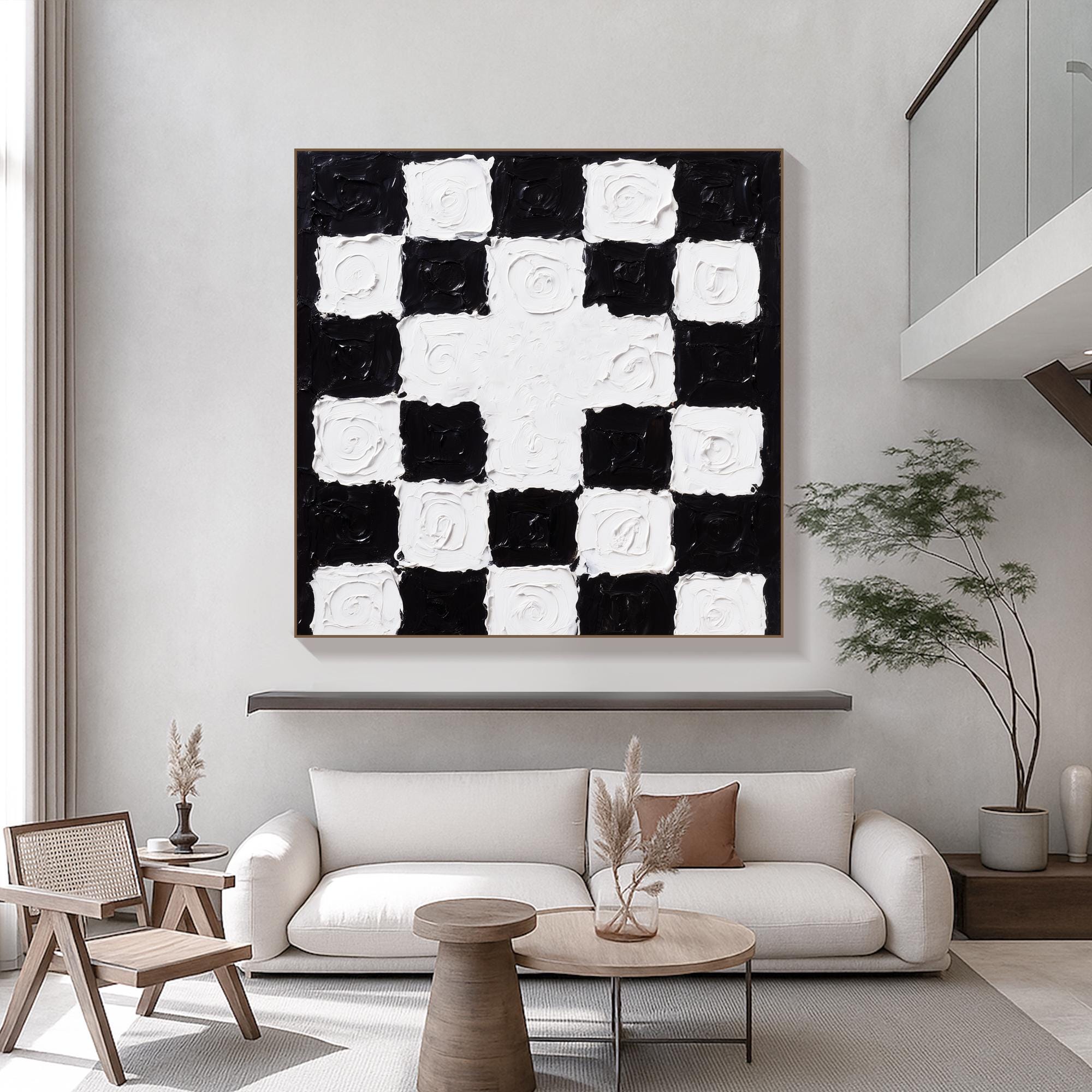 Black and White Checkered Textured Wall Art Bold Modern Abstract Canvas Painting with Thick Impasto, Handmade Statement Piece for Decor