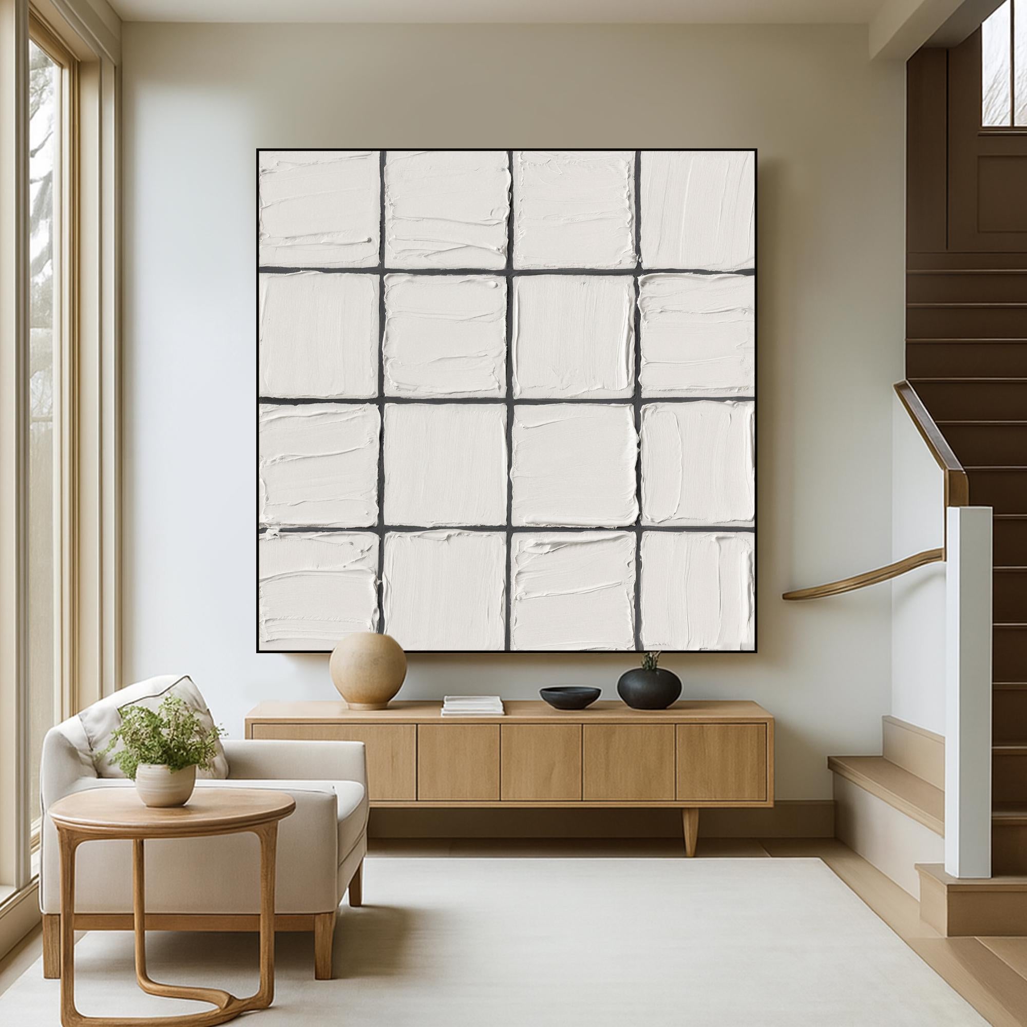 Textured White Square Grid Oil Painting on Canvas Minimal Neutral Wall Art Handcrafted Modern Abstract Artwork for Scandinavian Interiors