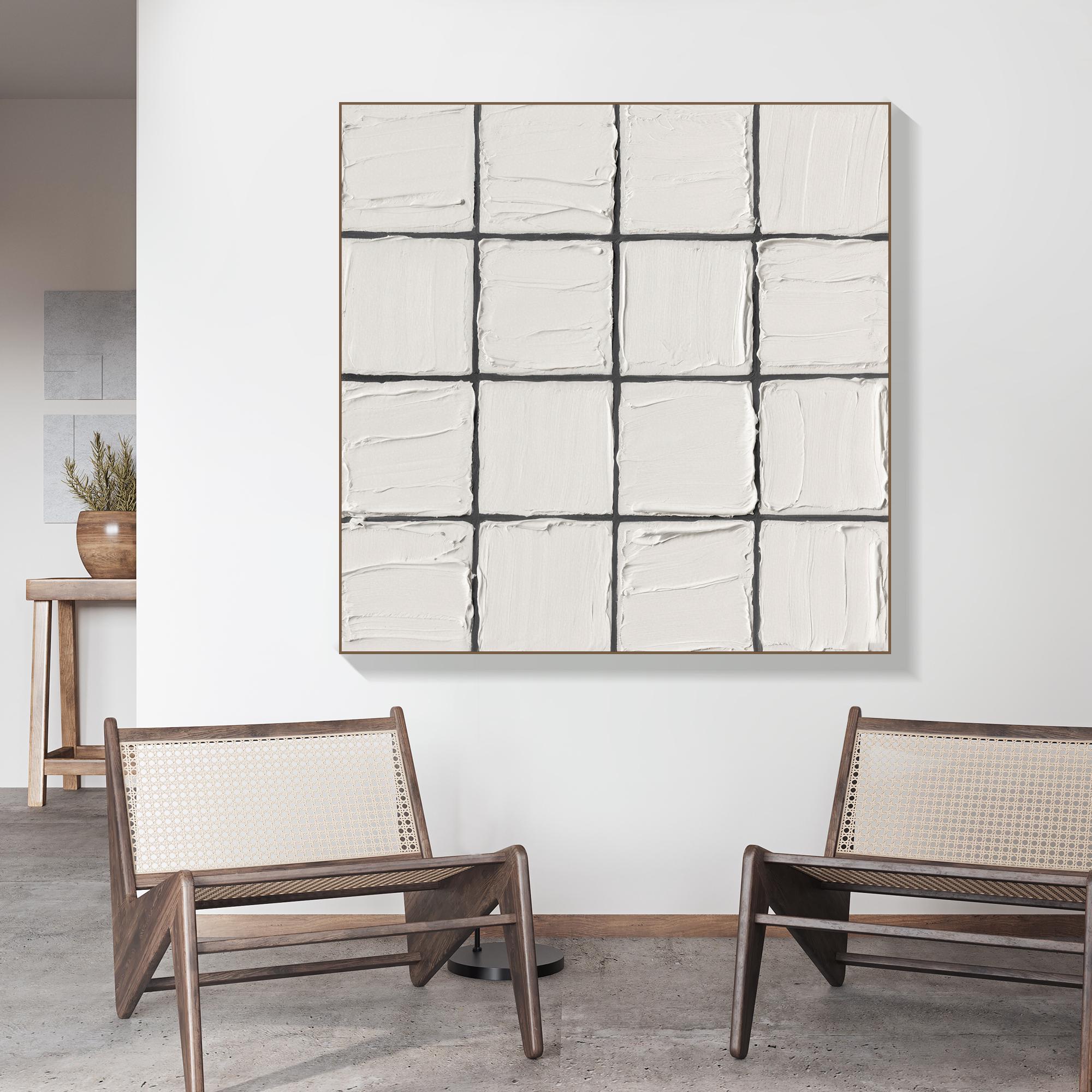 Textured White Square Grid Oil Painting on Canvas Minimal Neutral Wall Art Handcrafted Modern Abstract Artwork for Scandinavian Interiors