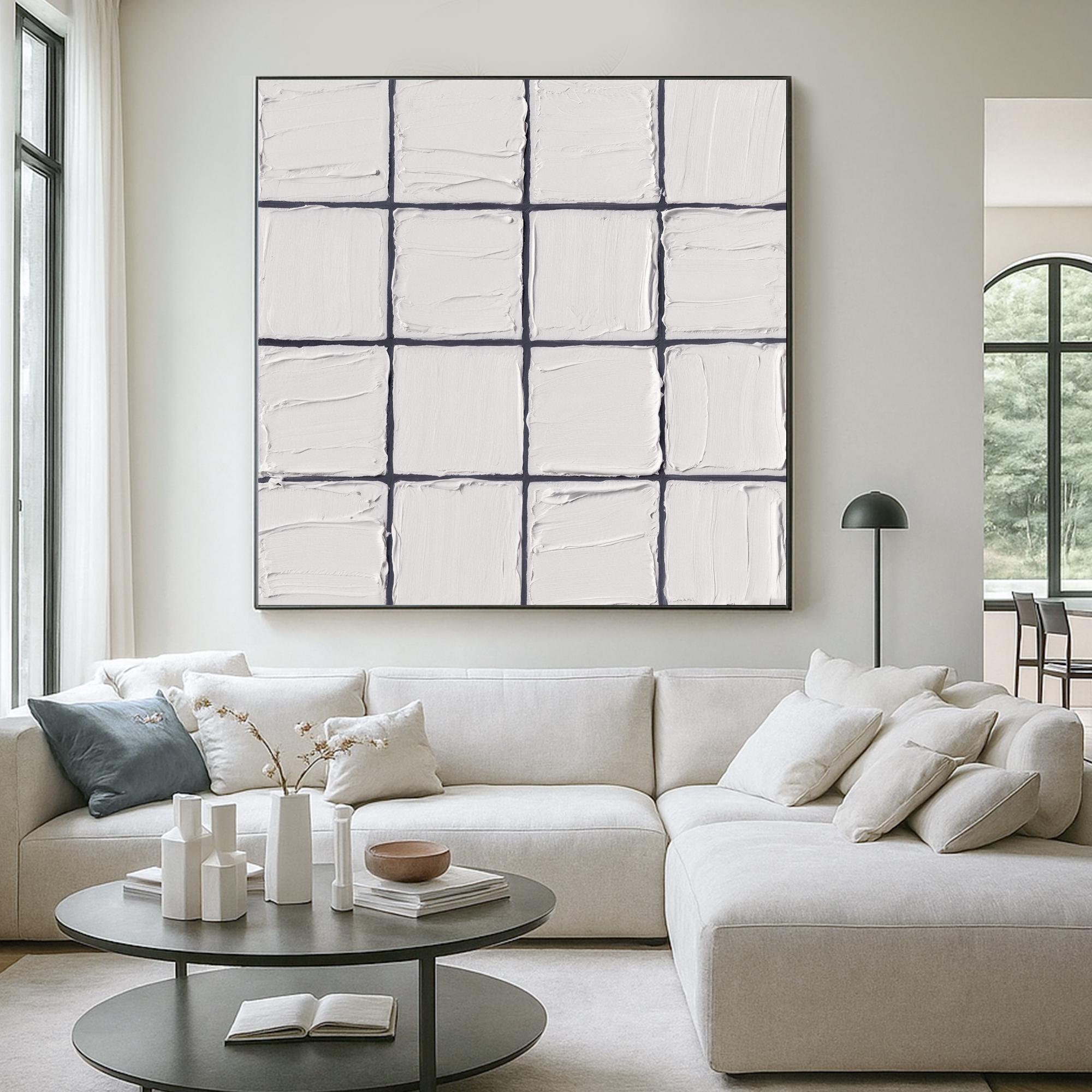 Textured White Square Grid Oil Painting on Canvas Minimal Neutral Wall Art Handcrafted Modern Abstract Artwork for Scandinavian Interiors