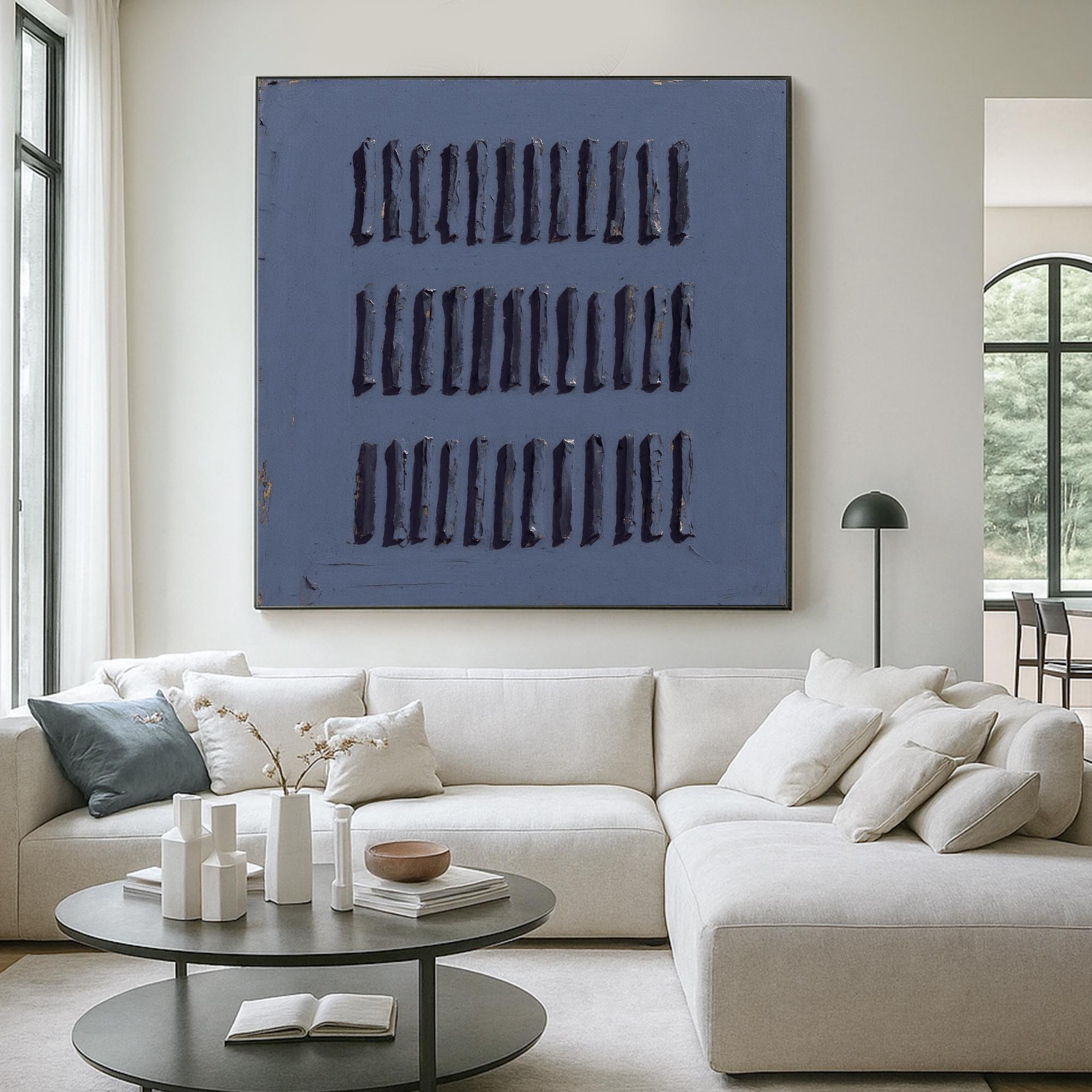 Handmade Blue Textured Abstract Oil Painting | Vertical Stroke Relief Canvas Art | Modern Deep Tone Minimalist Wall Decor for Art Lovers