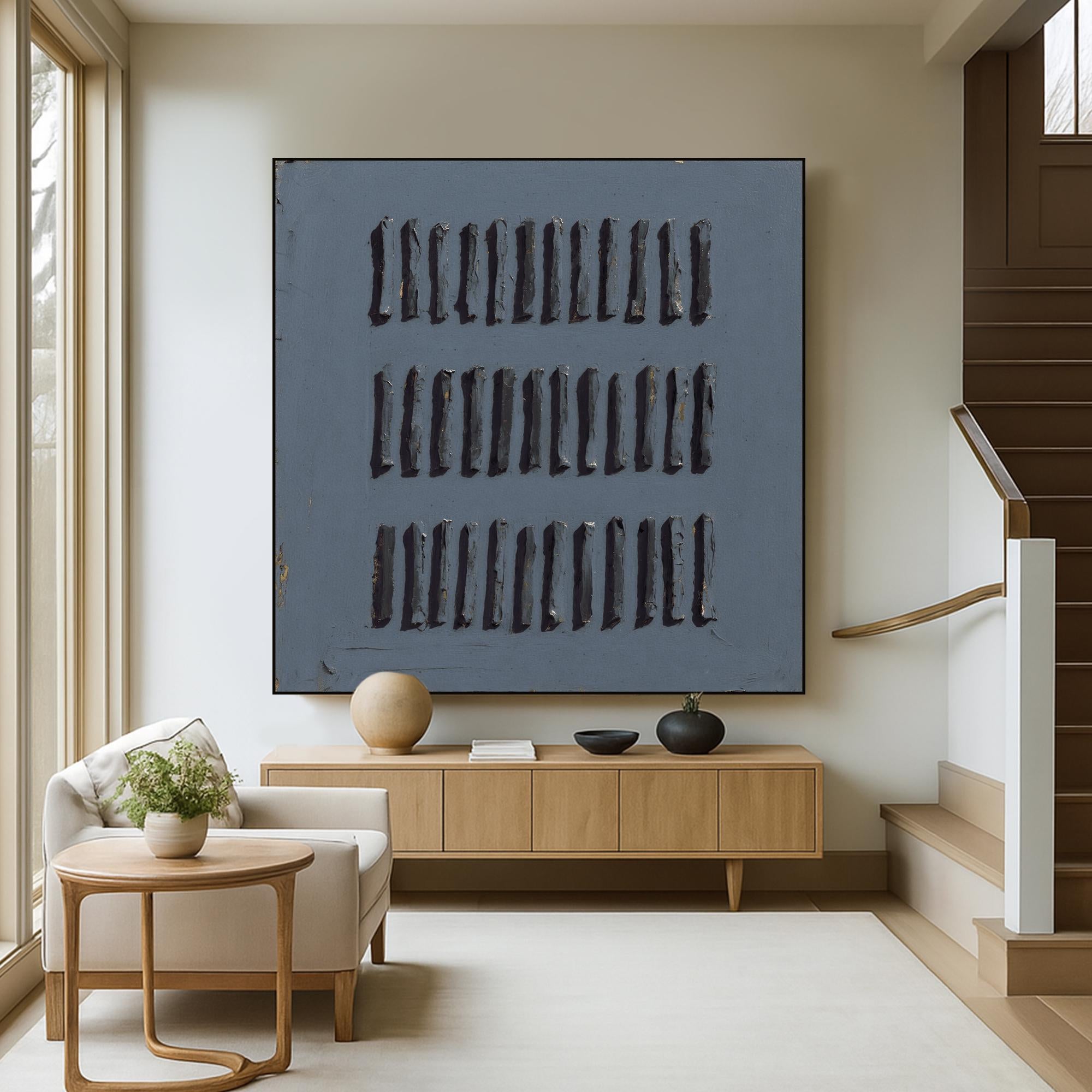 Handmade Blue Textured Abstract Oil Painting | Vertical Stroke Relief Canvas Art | Modern Deep Tone Minimalist Wall Decor for Art Lovers