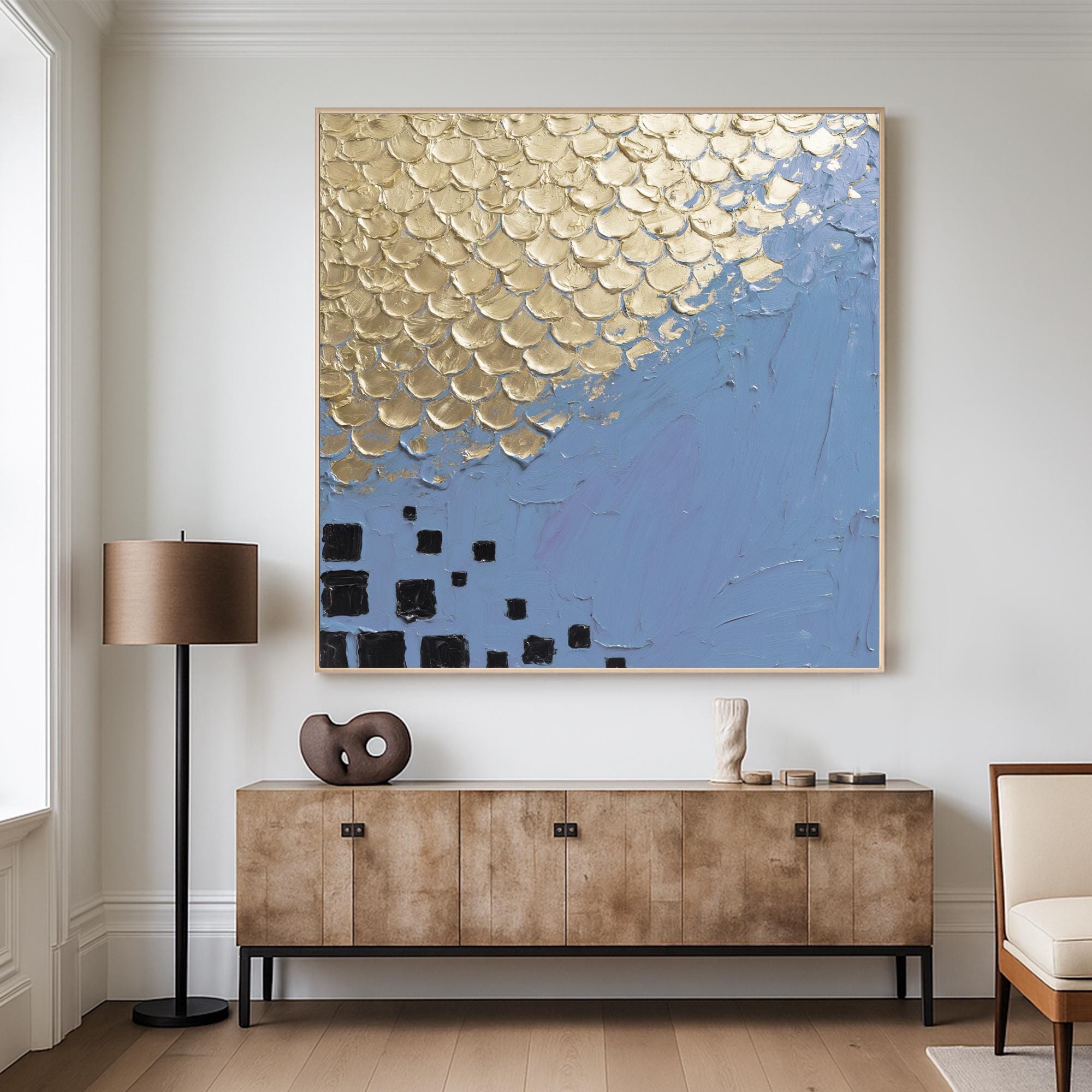 Original Blue and Gold Textured Oil Painting Handcrafted Metallic Fish Scale Abstract Art Modern Square Canvas Wall Decor with Bold Contrast