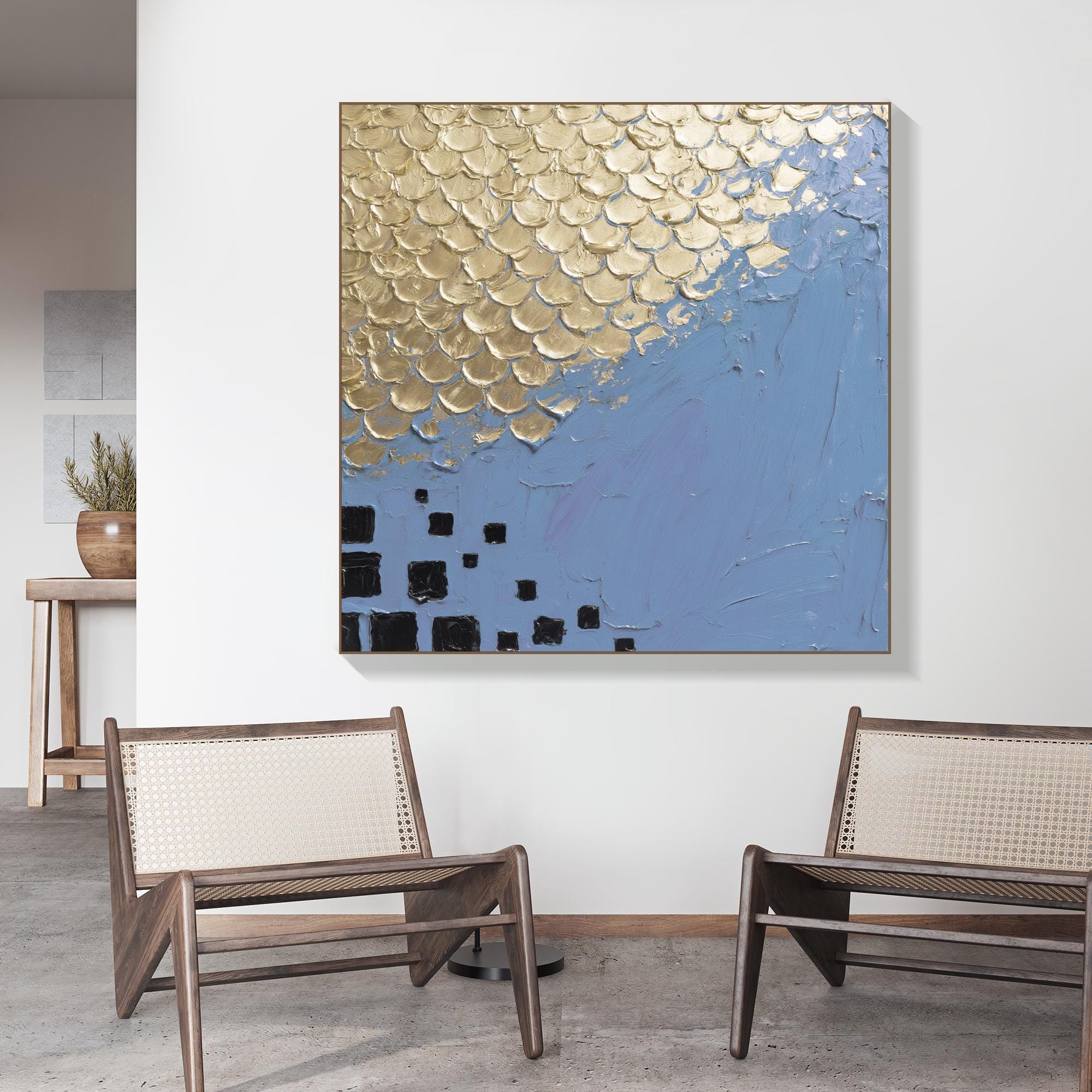 Original Blue and Gold Textured Oil Painting Handcrafted Metallic Fish Scale Abstract Art Modern Square Canvas Wall Decor with Bold Contrast