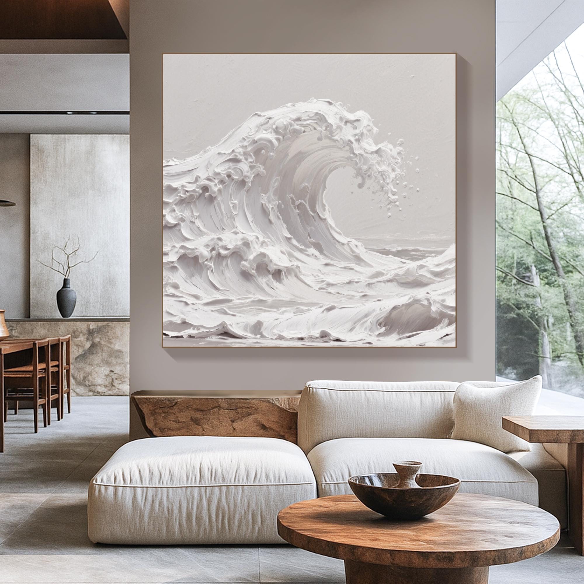 Textured Ocean Wave Oil Painting on Canvas Neutral Palette Knife Seascape Wall Art Handmade Coastal Minimal Decor for Calm Interiors