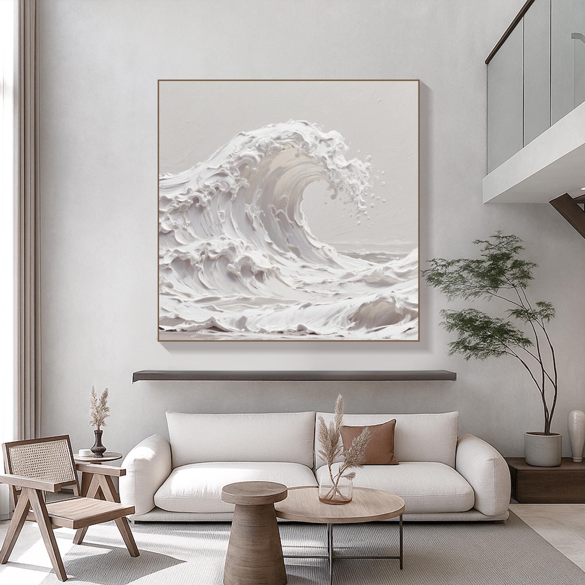 Textured Ocean Wave Oil Painting on Canvas Neutral Palette Knife Seascape Wall Art Handmade Coastal Minimal Decor for Calm Interiors