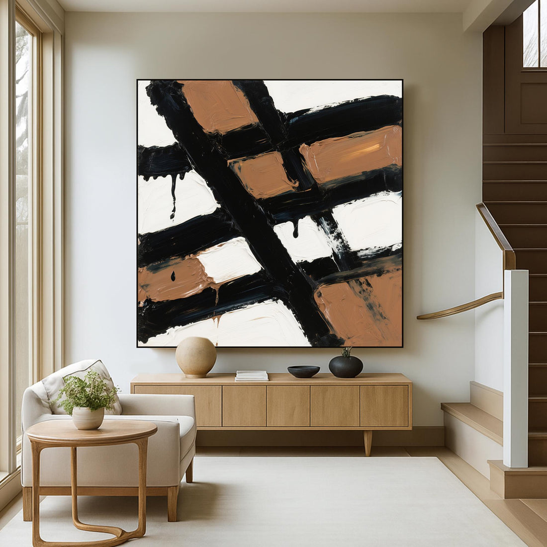 The image is an abstract painting with bold black and brown brushstrokes, creating a dynamic and visually striking composition.