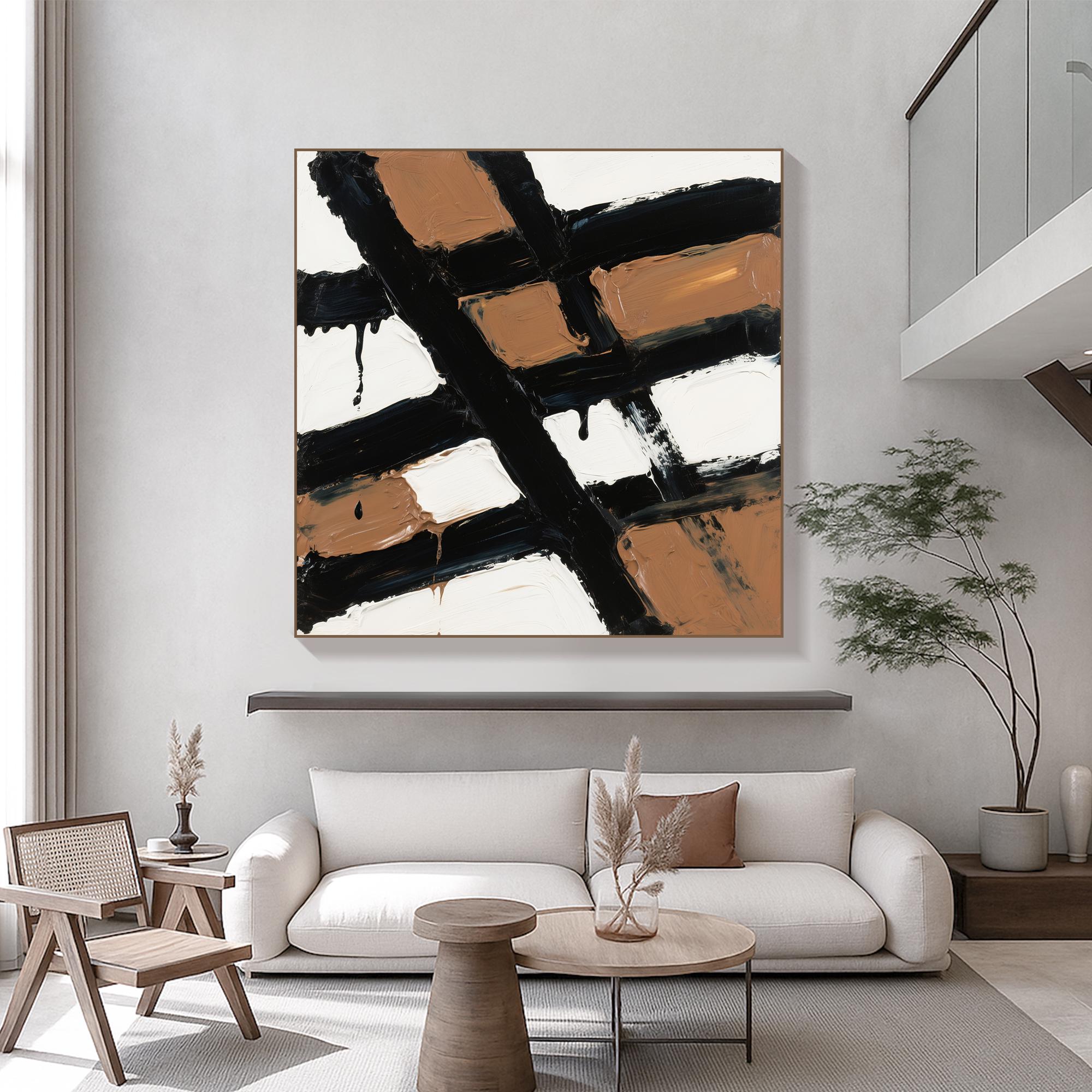 Original Bold Black and Brown Abstract Oil Painting Textured Expressionist Canvas Art Modern Minimal Wall Decor for Contemporary Interiors