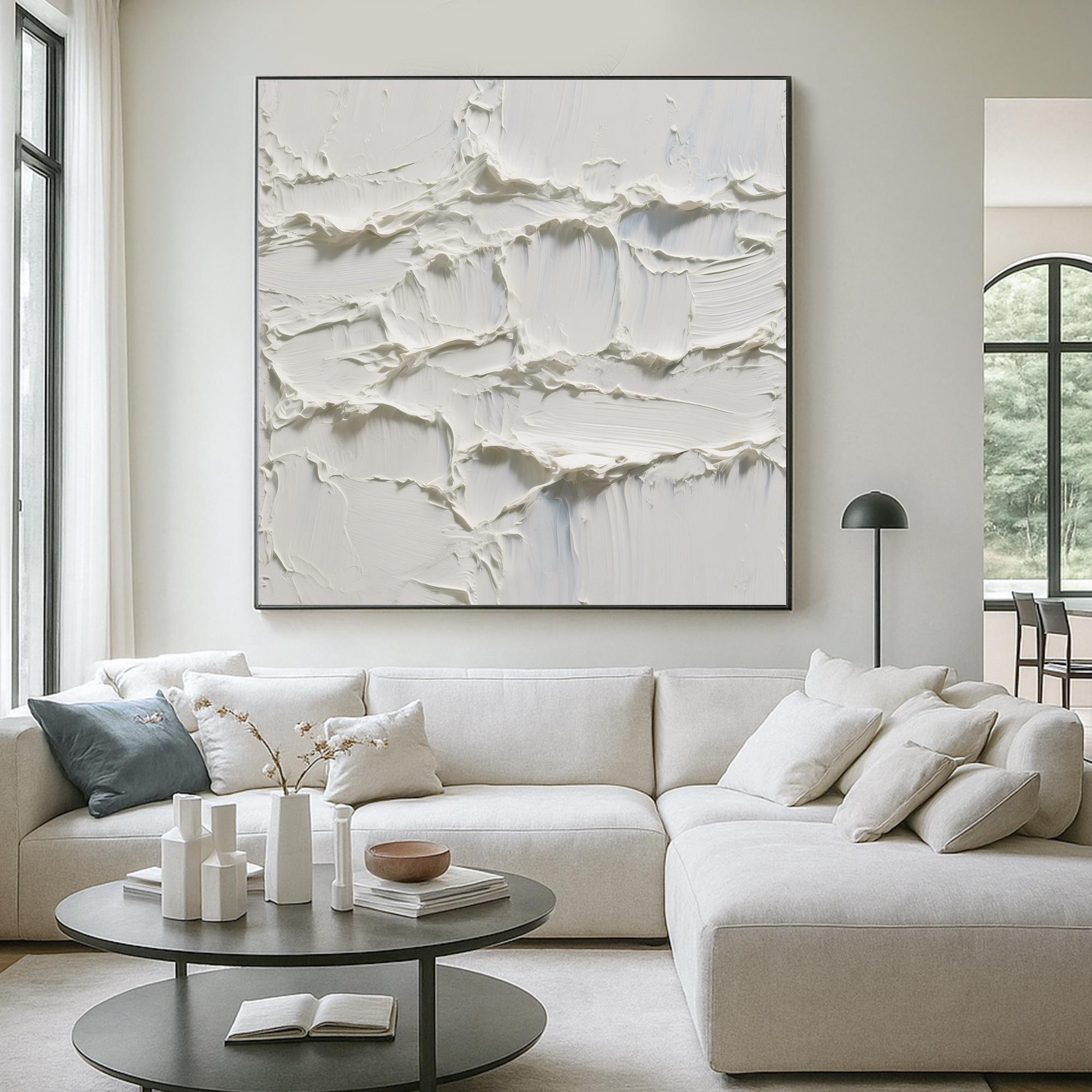 Original White Textured Abstract Oil Painting Handcrafted Thick Palette Knife Wall Art Minimal Neutral Canvas for Modern Organic Interiors