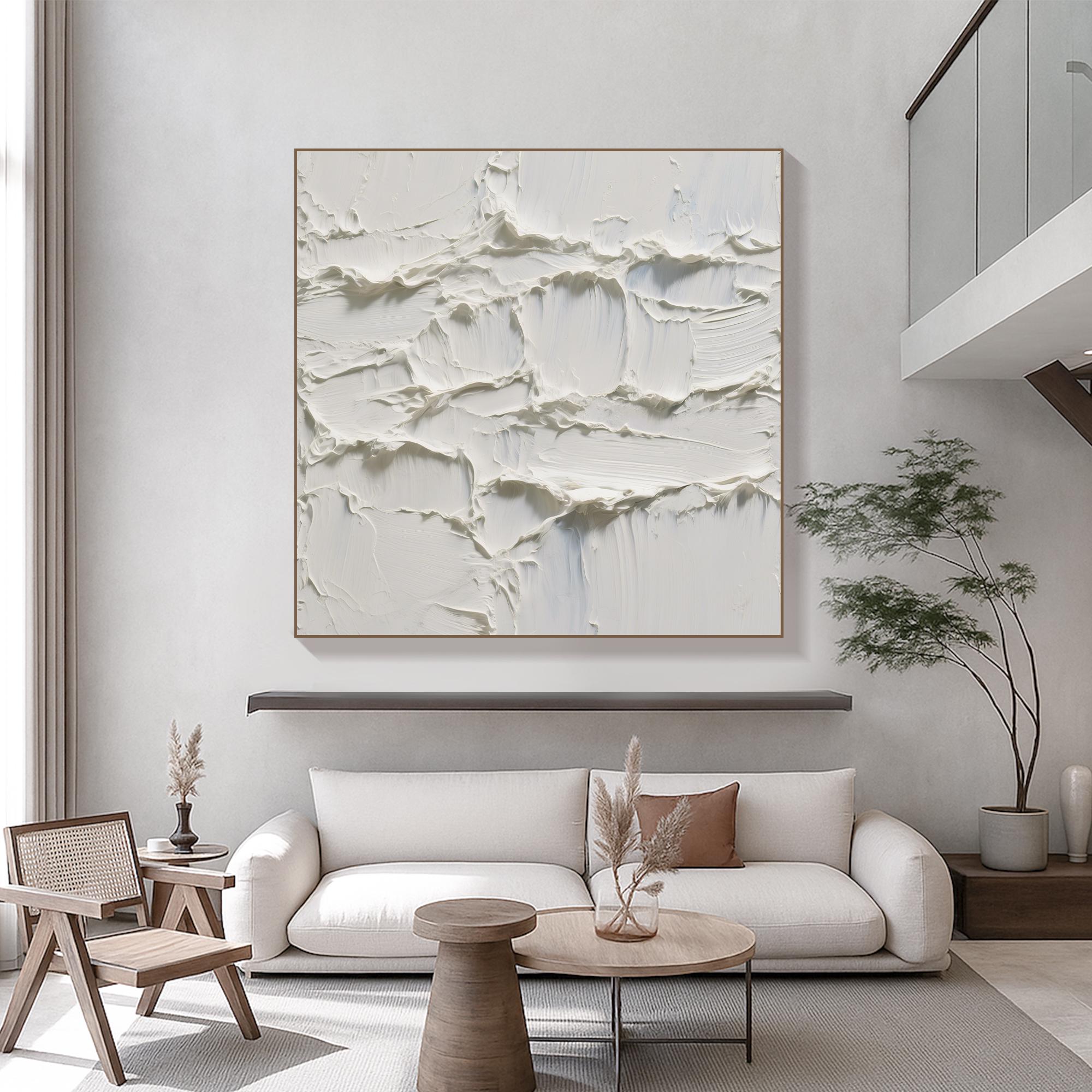 Original White Textured Abstract Oil Painting Handcrafted Thick Palette Knife Wall Art Minimal Neutral Canvas for Modern Organic Interiors