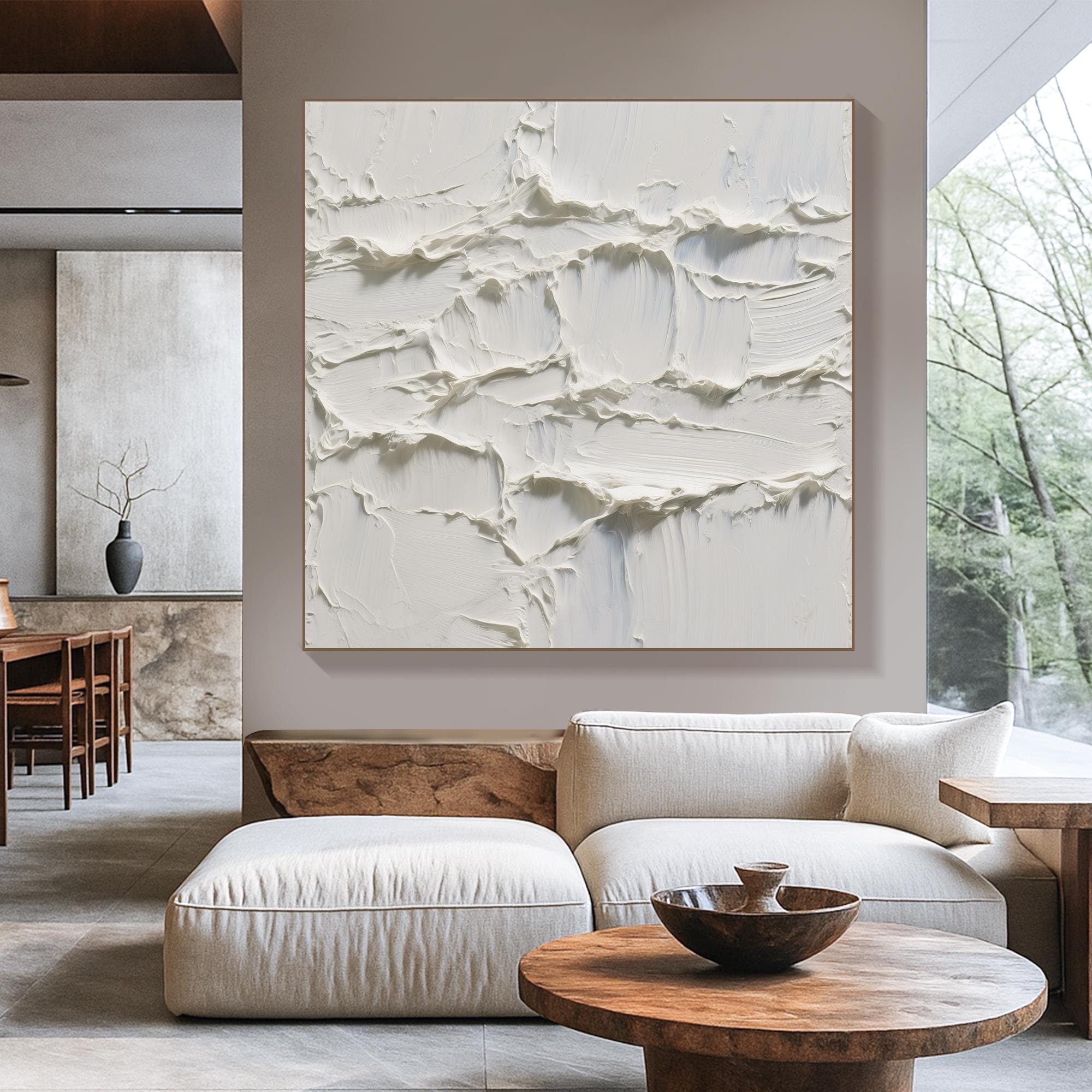 Original White Textured Abstract Oil Painting Handcrafted Thick Palette Knife Wall Art Minimal Neutral Canvas for Modern Organic Interiors