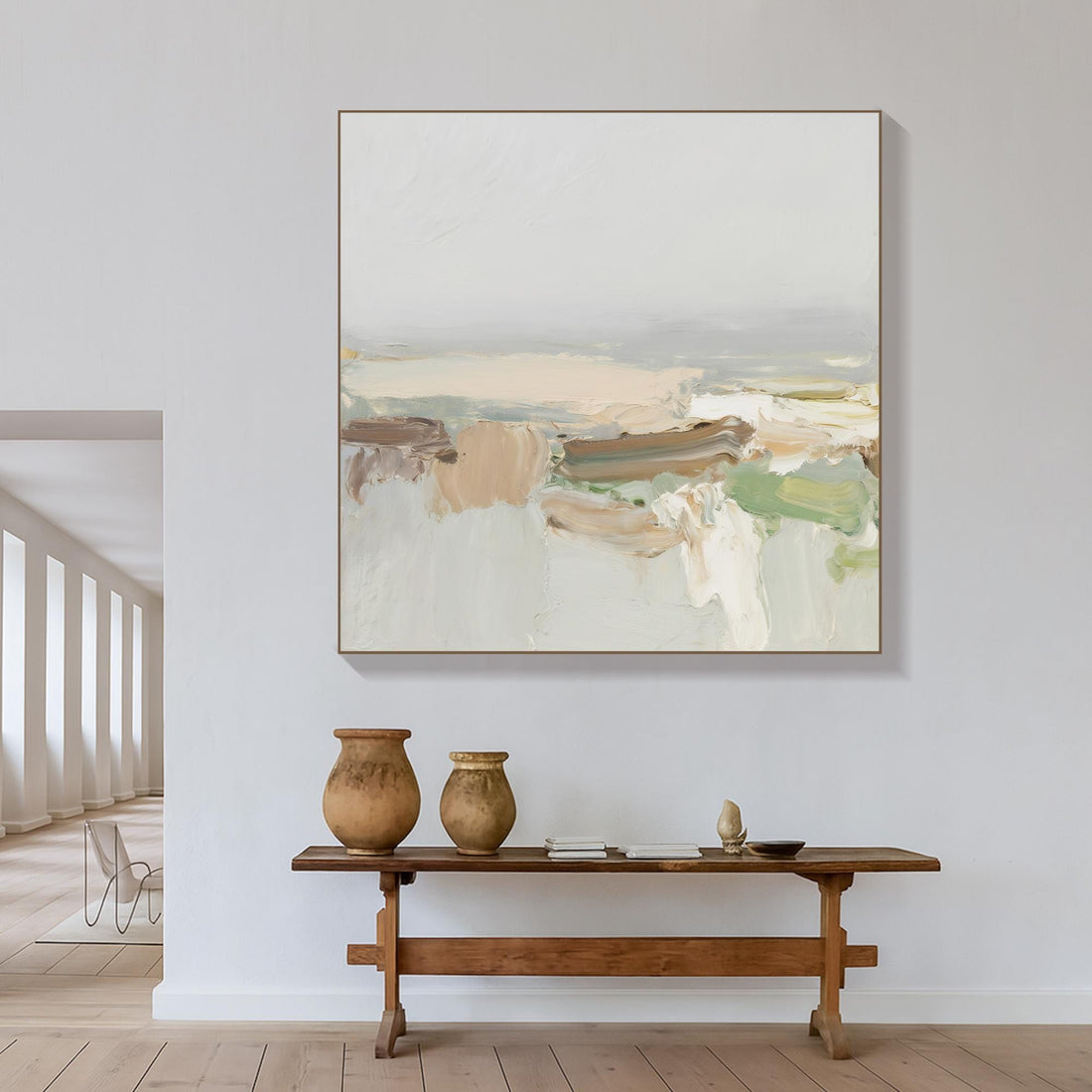 The image is an abstract painting featuring a landscape scene with a cloudy sky and a grassy field.