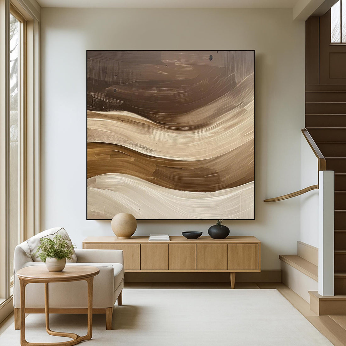 The image is an abstract painting with a gradient of brown and beige colors, featuring wavy lines and brushstrokes that create a sense of movement and texture.