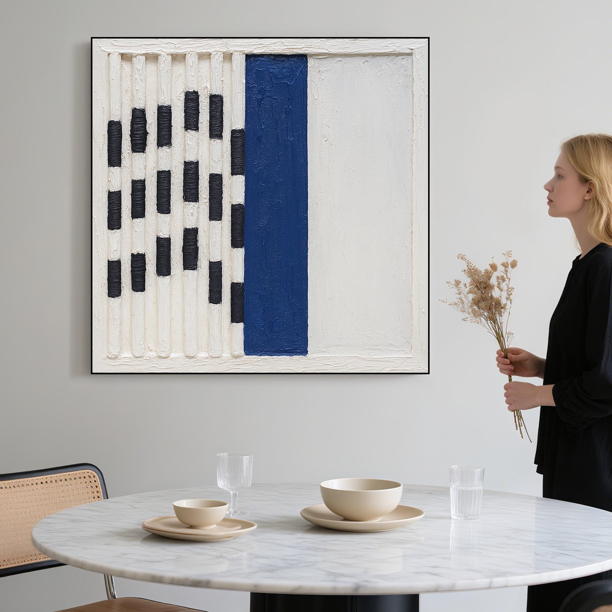 Original Minimal Geometric Abstract Oil Painting Handcrafted Blue Black White Textured Wall Art Modern Linear Canvas for Bold Interior Decor