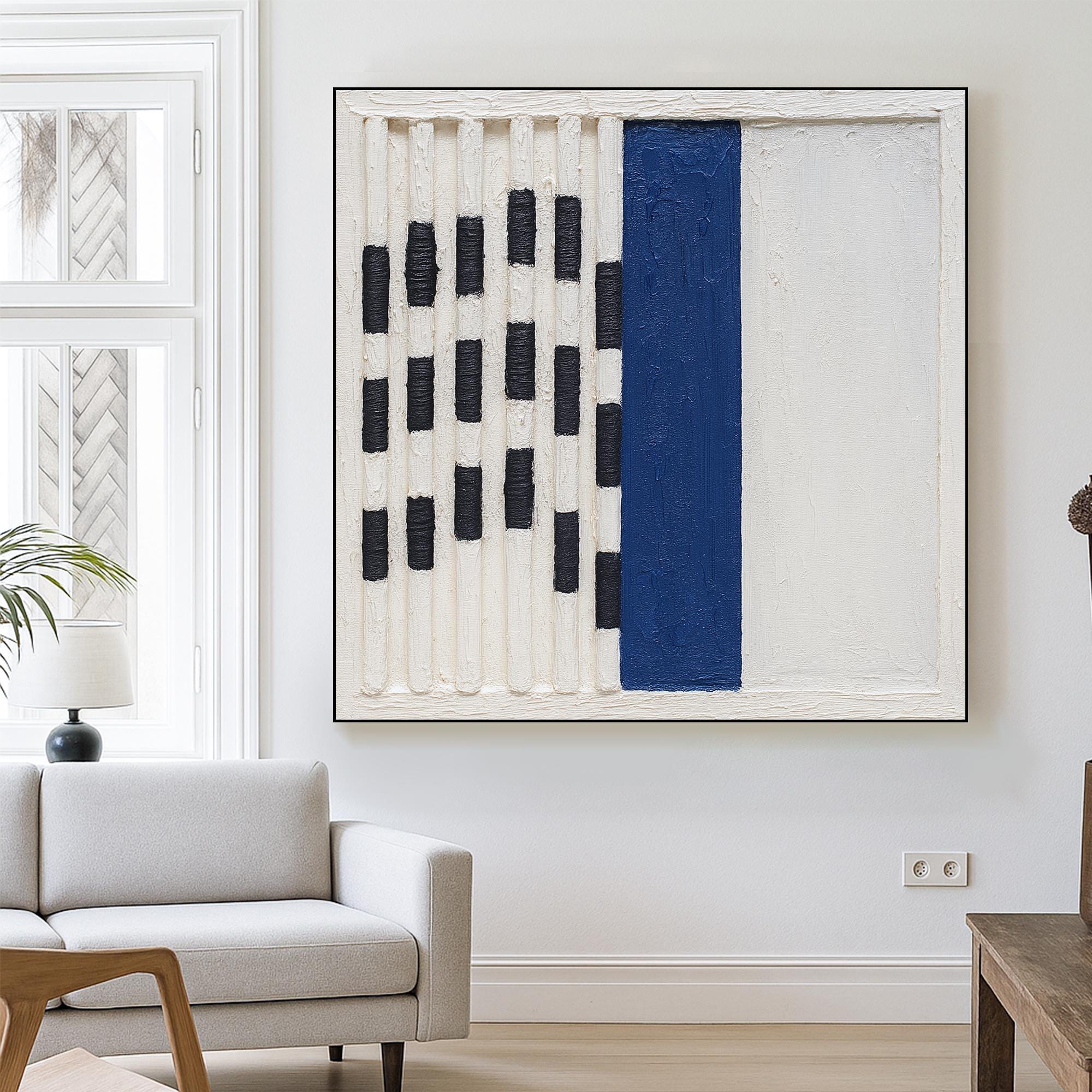 Original Minimal Geometric Abstract Oil Painting Handcrafted Blue Black White Textured Wall Art Modern Linear Canvas for Bold Interior Decor